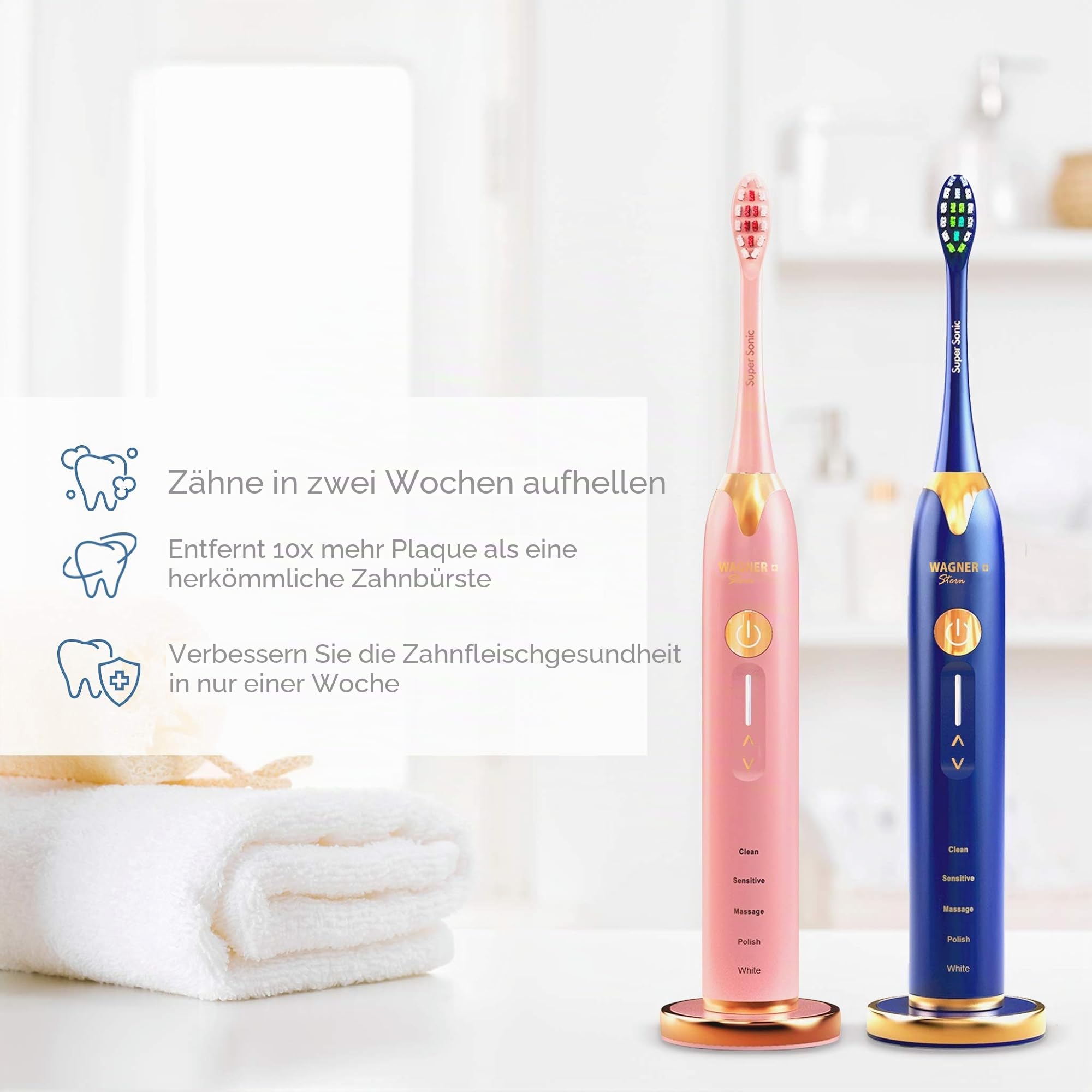 Wagner Stern. Duette Series 2 Elektrische Zahnbürsten mit Drucksensor 5 Putzmodi und 4 Intensitätsstufen 10 Dupont-Borsten 2 Premium Reiseetuis (Rosa/Blau)