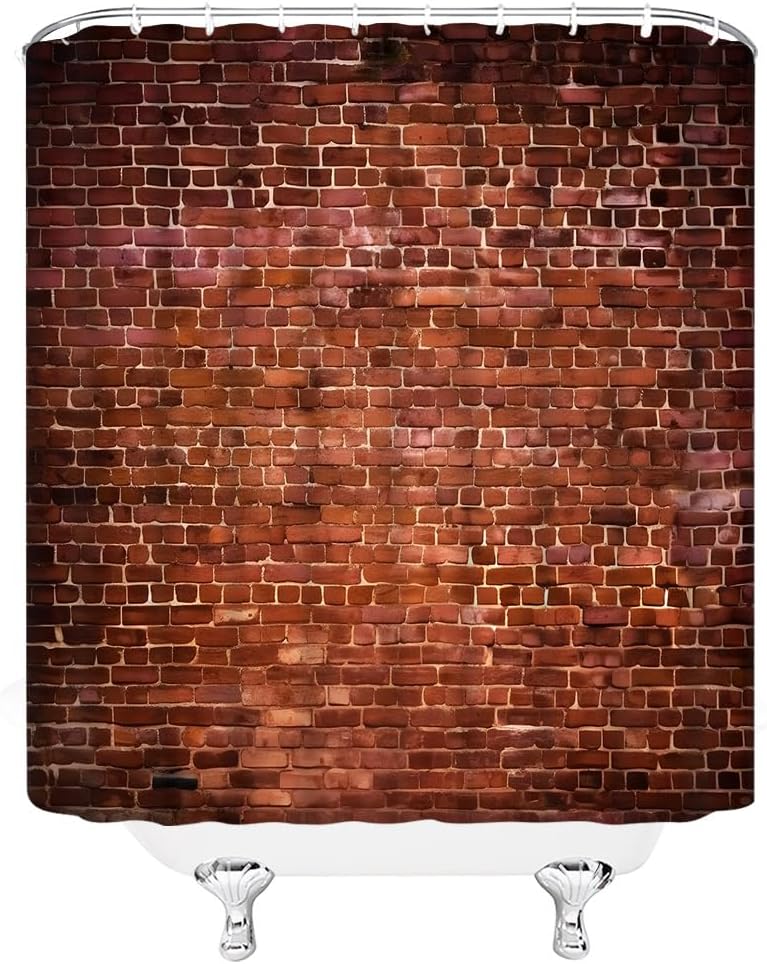 Vintage Red Brown Brick Wall Shower Curtain Retro Stone Brick Rocks Rustic Country Farmhouse Geometric Wall Fabric Bathroom Decor Curtain with Hooks