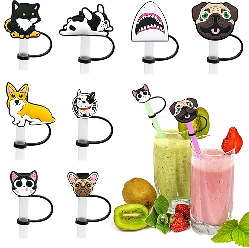 Miniatura 1 de 8 fundas de pajilla, tapas de popote de silicona para perros, reutilizables con diseño de gato corgi kawaii, a prueba de polvo, tapas de popote para
