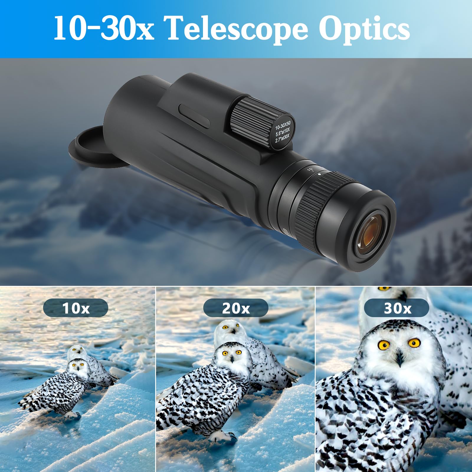 Telescopio monoculare compatto a prisma multistrato, 10-30 x 50, ottica monoculare impermeabile ad alta potenza con adattatore per smartphone, treppiedi per adulti, bird watching,