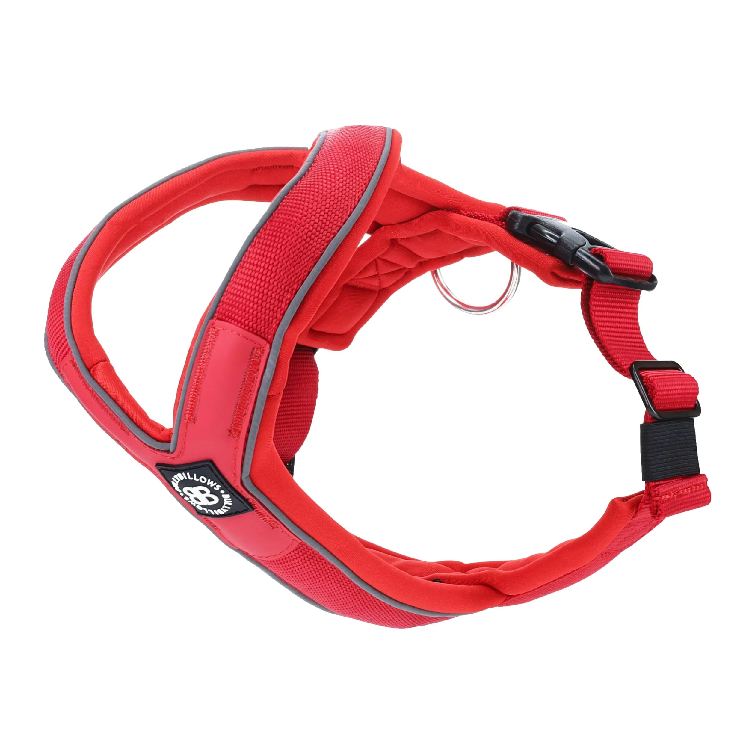 BullyBillows Slip-On Dog Harness - Foam Padded, Neoprene-Lined, Adjustable, Non-Restrictive Y-Shape with Reflective Strips & Stainless Steel D-Loop |Red | Medium