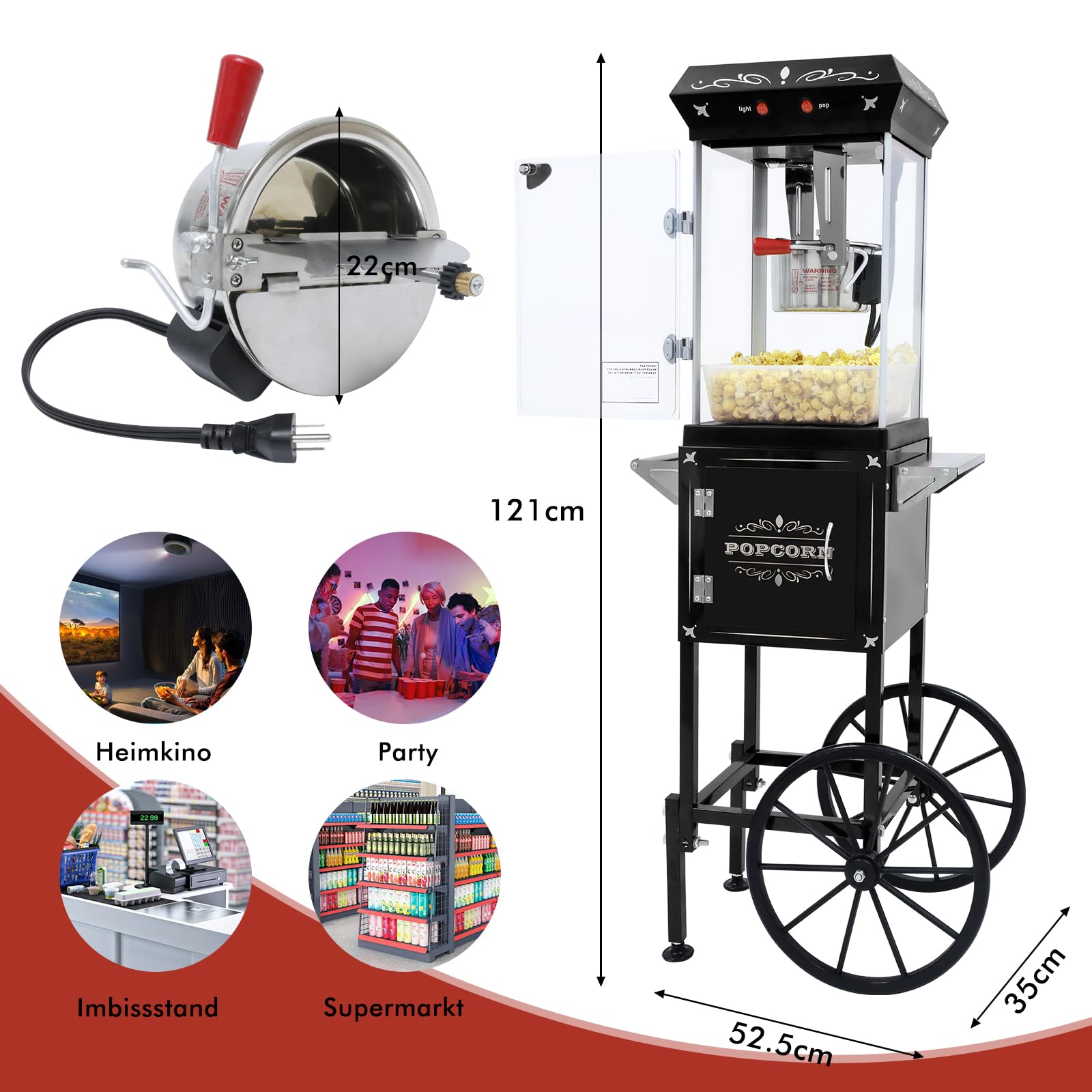 Popcornmaschine mit Wagen 8 OZ Kessel Popcornmaschine Groß,Entnehmbarer Topf Popcornmaker Retro Popcornmaschines,3 Schaufeln Kino-Stil Restaurant profi popcornmaschinen (Schwarz)