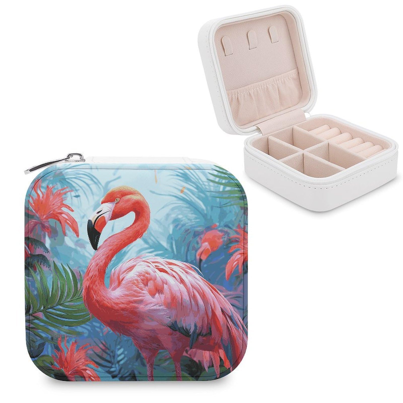 FekiLoot Painted Flamingo Jewelry Box Custom Jewelry Travel Case Pu Leather Trinket Organizer Box to Organize Ring Pendant Earring Small Portable Jewelry Storage Holder for Women