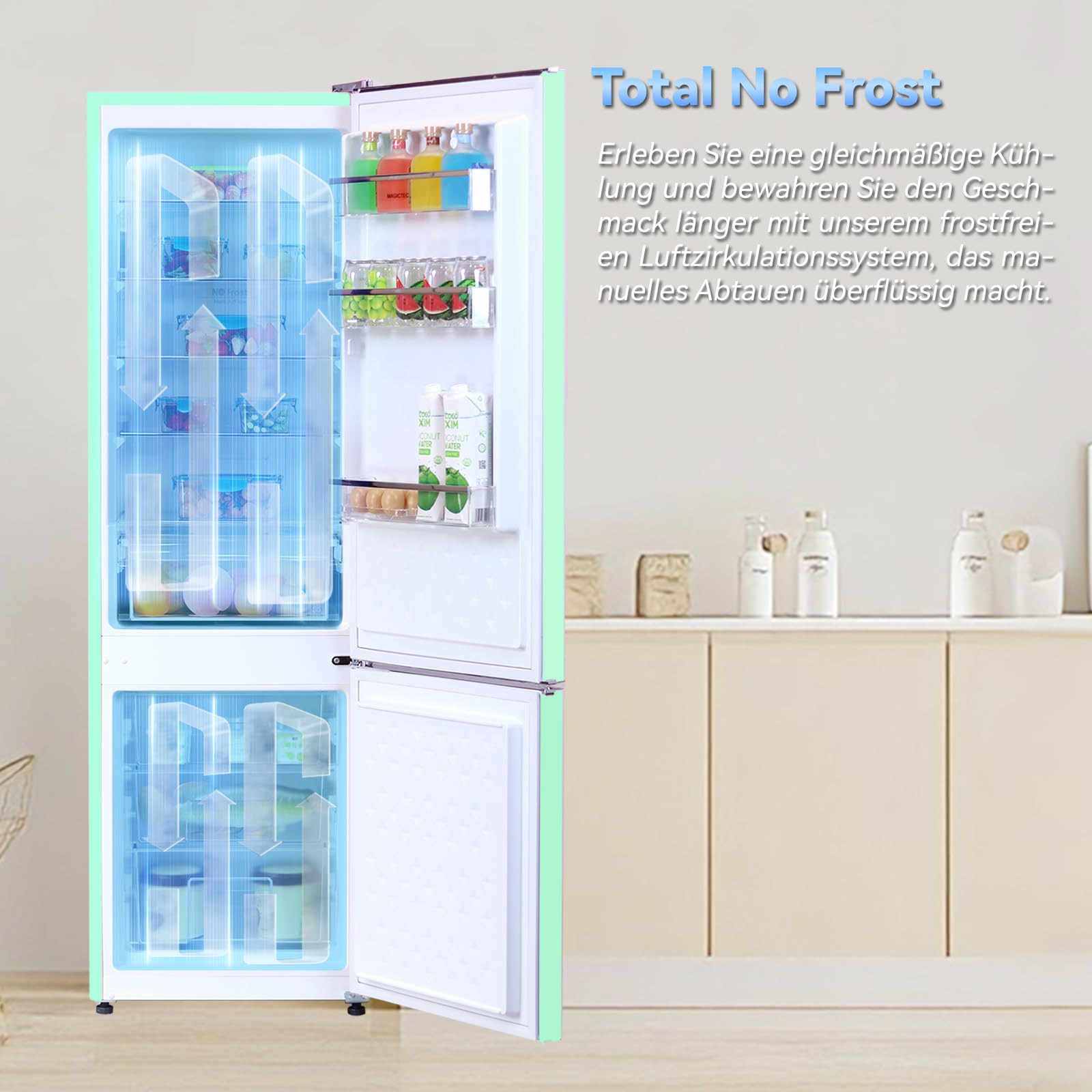 【Premium】 Retro Kühlschrank Mit Gefrierfach Vintage 179cm ,【Total No Frost Plus 】, 236L (168L/68L Gefrierfach ) | Kühl Gefrierkombination Freistehend Retro | Elektronische Steuerung | Matcha-Grün