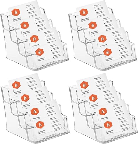 Hedume Paquete de 4 soportes acrílicos para tarjetas de visita, pantalla transparente de 4 bolsillos, soporte de tarjetas de visita de plástico para
