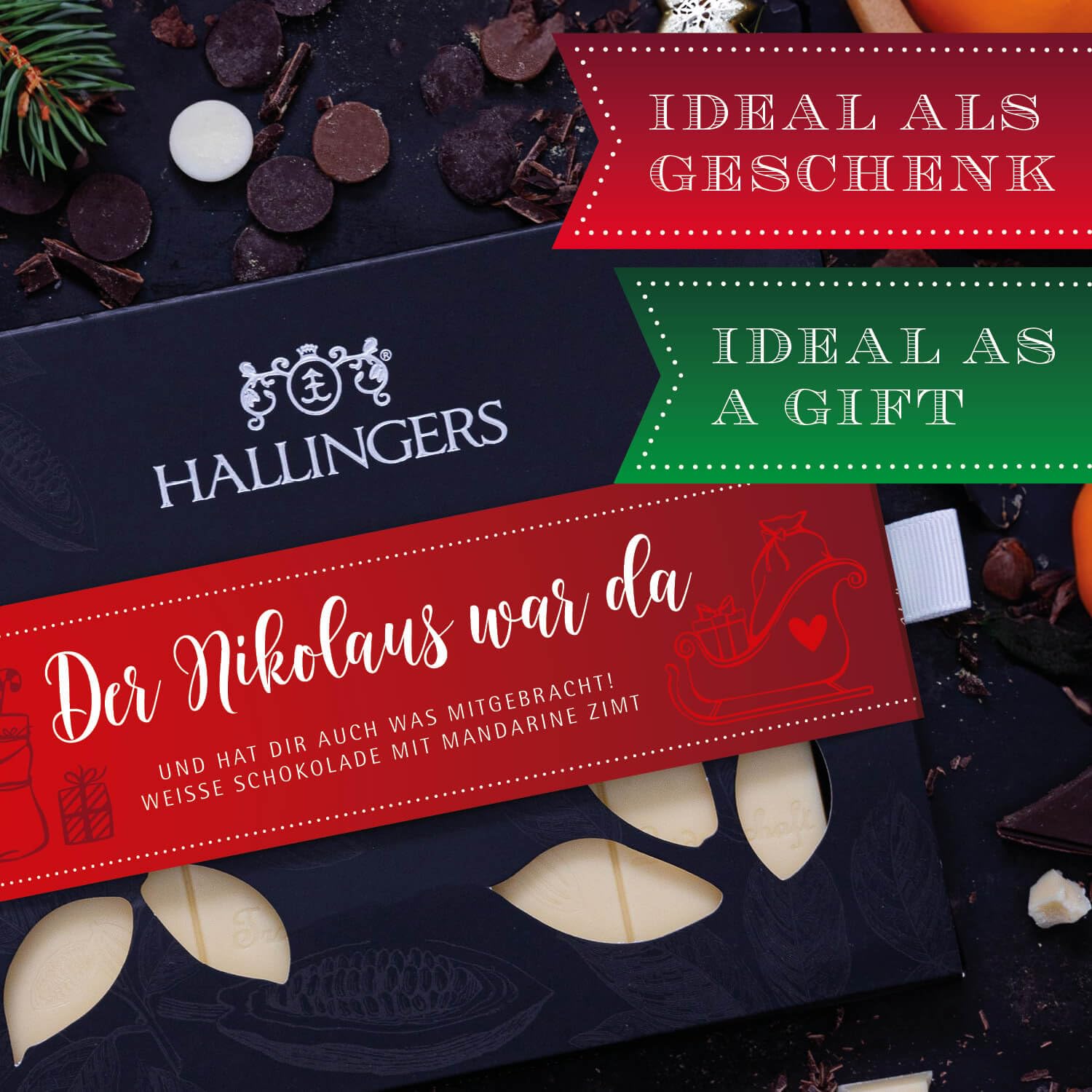 Hallingers Genuss Manufaktur Weiße Schokolade Weihnachts-Geschenk - Tafel handgeschöpfter Edelkakao ohne Alkohol edler Karton 10x "Der Nikolaus wa..." Mandarine-Zimt, Weihnachten für Frauen Männer