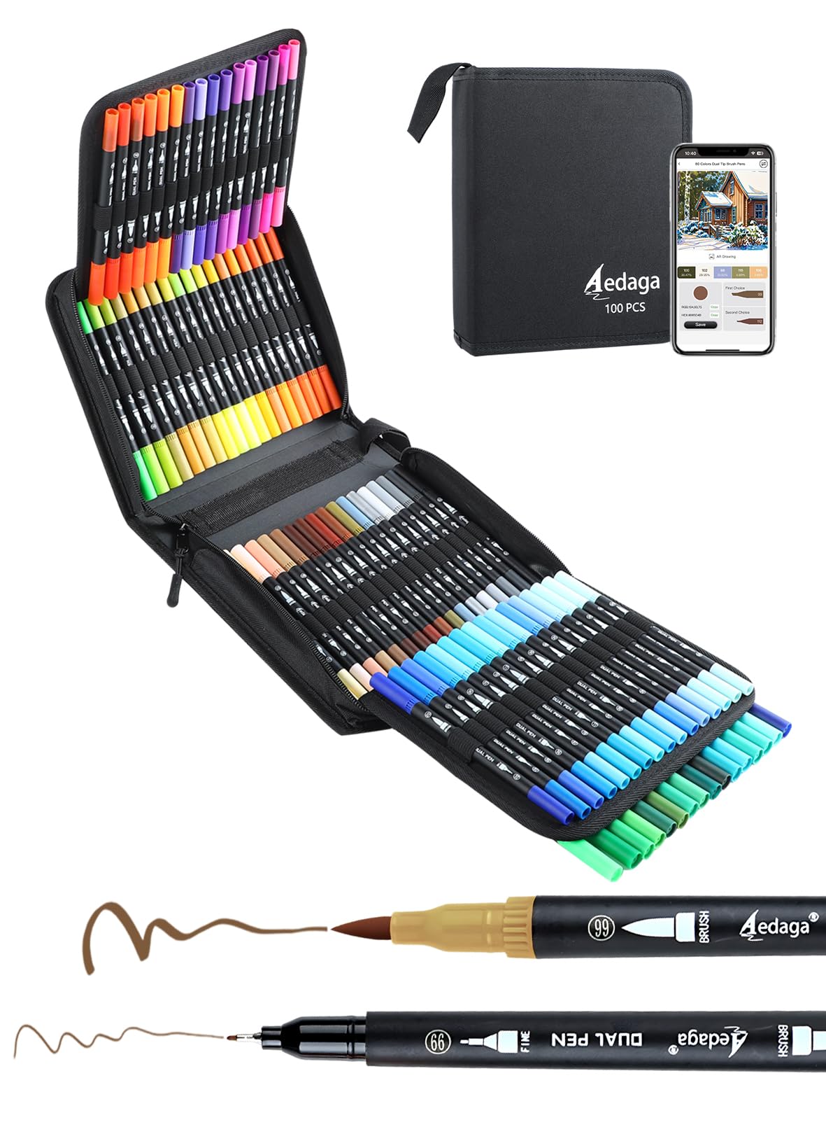100 Colors Dual Brush Markers, Fine and Brush Tips Numbered Pens with App for Adults, Coloring Book Bullet Journaling Note Taking Planner Hand