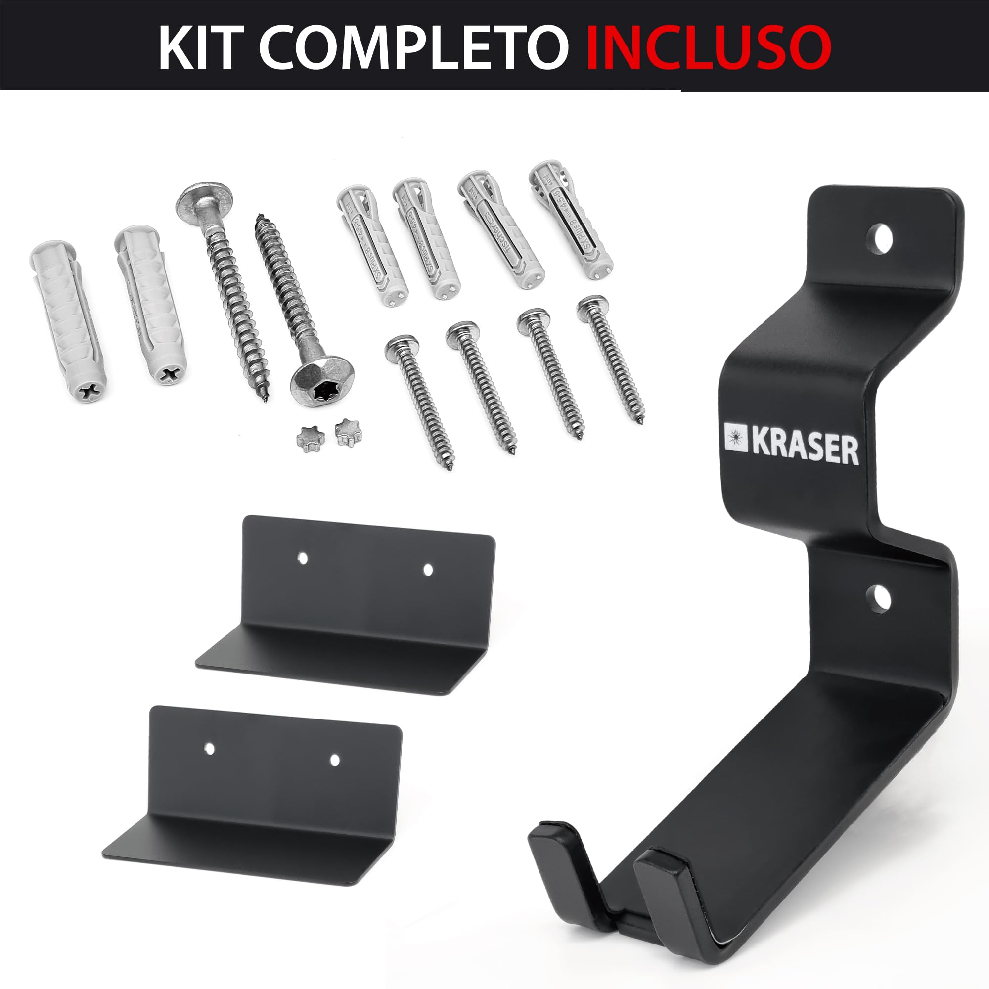KRASER KR42P Porta Bici da Muro con Gancio Ancoraggio Antifurto 2in1 | Gancio Pedale con Punto per Catena | Doppio Supporto Ruota, Acciaio Rinforzato 5 mm | Portabici da Muro Pedale E-Bike MTB Strada
