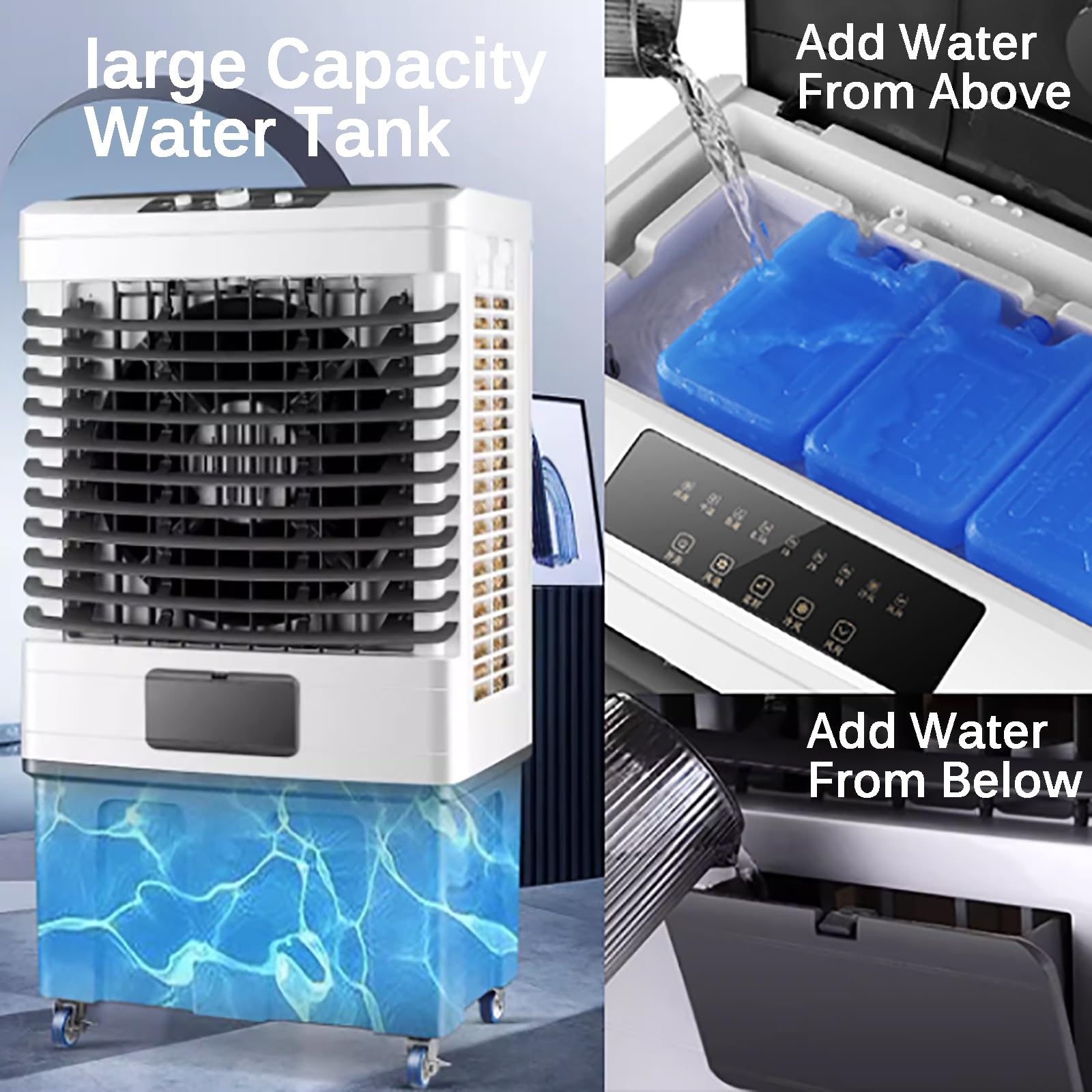 Enfriador de aire evaporativo portátil, volumen de aire de 23000 m³/h, oscilación de 120°, depósito de agua de 35 L/50 L para refrigeración comercial, de oficinas y doméstica (46 x 34 x 85 cm).