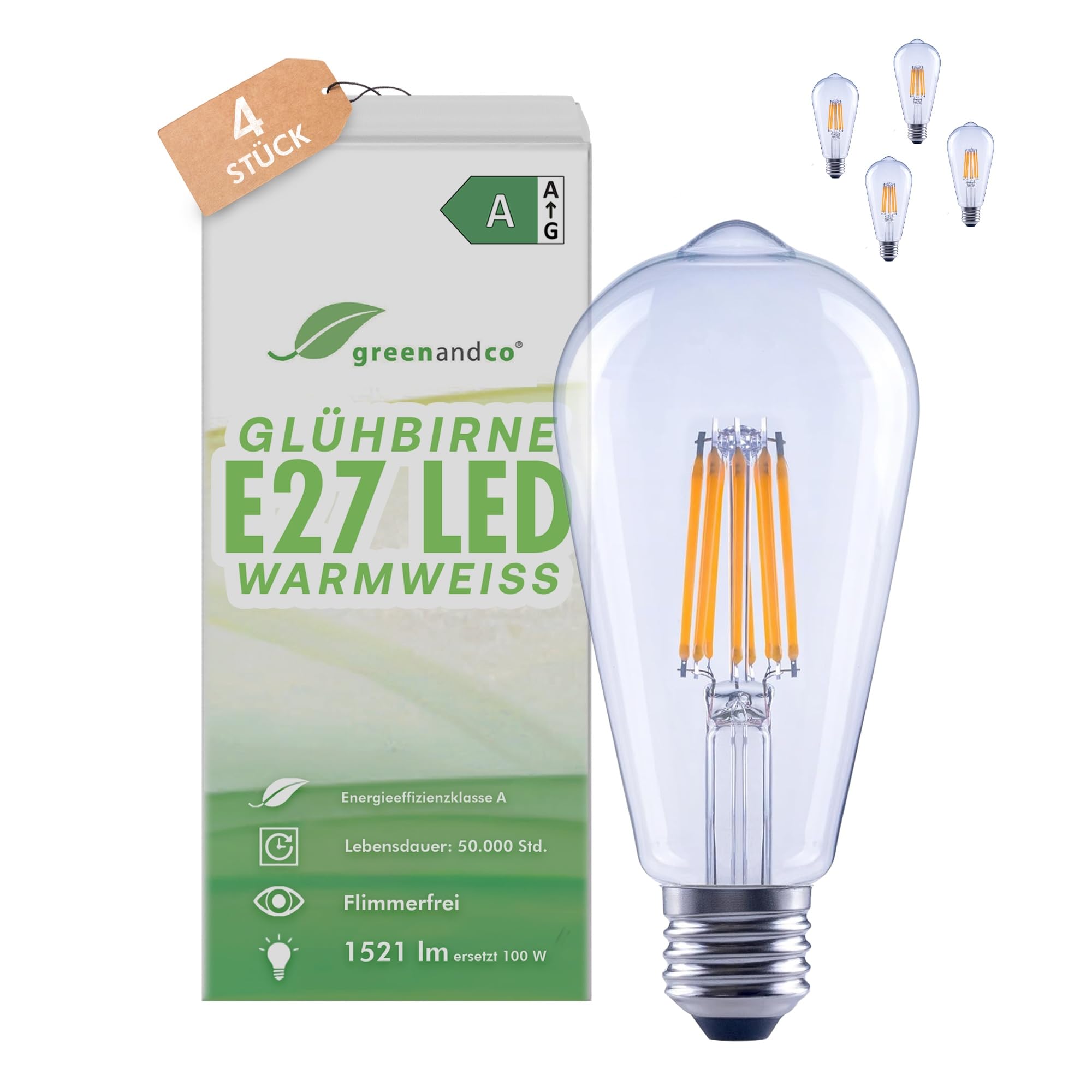 greenandco 4x Glühfaden LED Lampe | klar | E27 ST64 | 7,2W 1521lm | ersetzt 100W | 3000K warmweiß | 320° | 230V | flimmerfrei | Energieeffizienzklasse A | nicht dimmbar