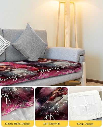 Miniatura 4 de Pink Christmas Santa Couch Cushion Covers, Stretch Sofa Cover with Elastic Bottom, Pink Plaid Winter Snowflake Xmas Sofa Slipcovers Protector