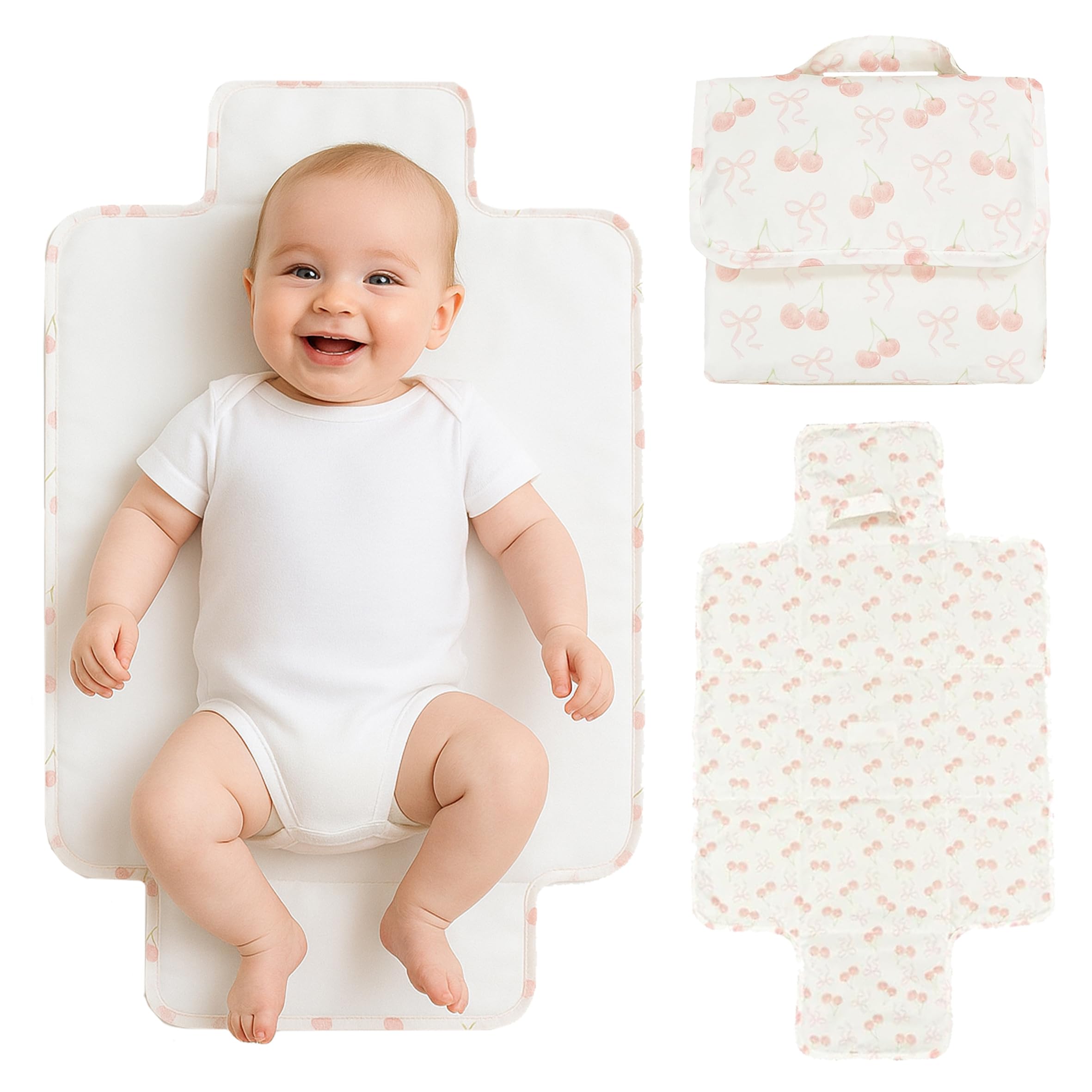 Baby Changing Mat - Portable Foldable Waterproof Travel Changing Pad (Pink Bow/Cherry Changing Mat), Pink Bow/ Cherry