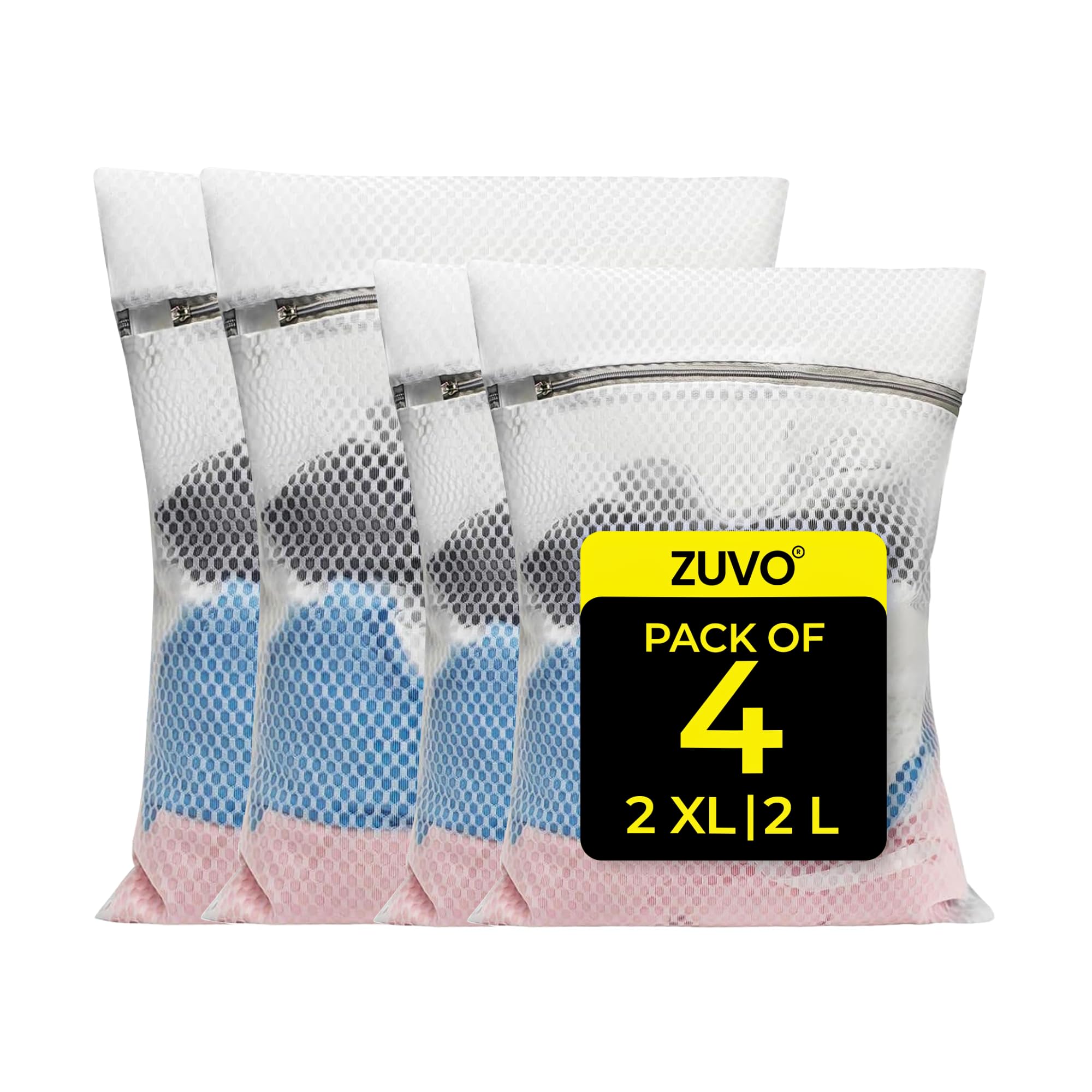 Zuvo Mesh Laundry Bags (4-Pack) - Wash Bags for Delicates Socks & Lingerie - Laundry Net Bags for Washing Machine with Zips