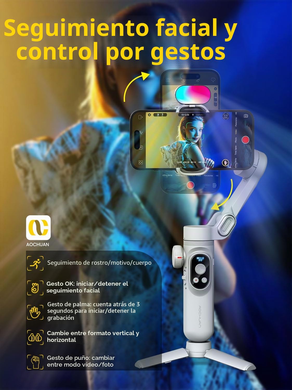 Estabilizador de cardán para Smartphone, Juego de Luces de Repuesto magnéticas RGB, Pantalla OLED, Rueda de Enfoque de luz LED, estabilizador Profesional de 3 Ejes para Android y iPhone, Kit AOCHUAN