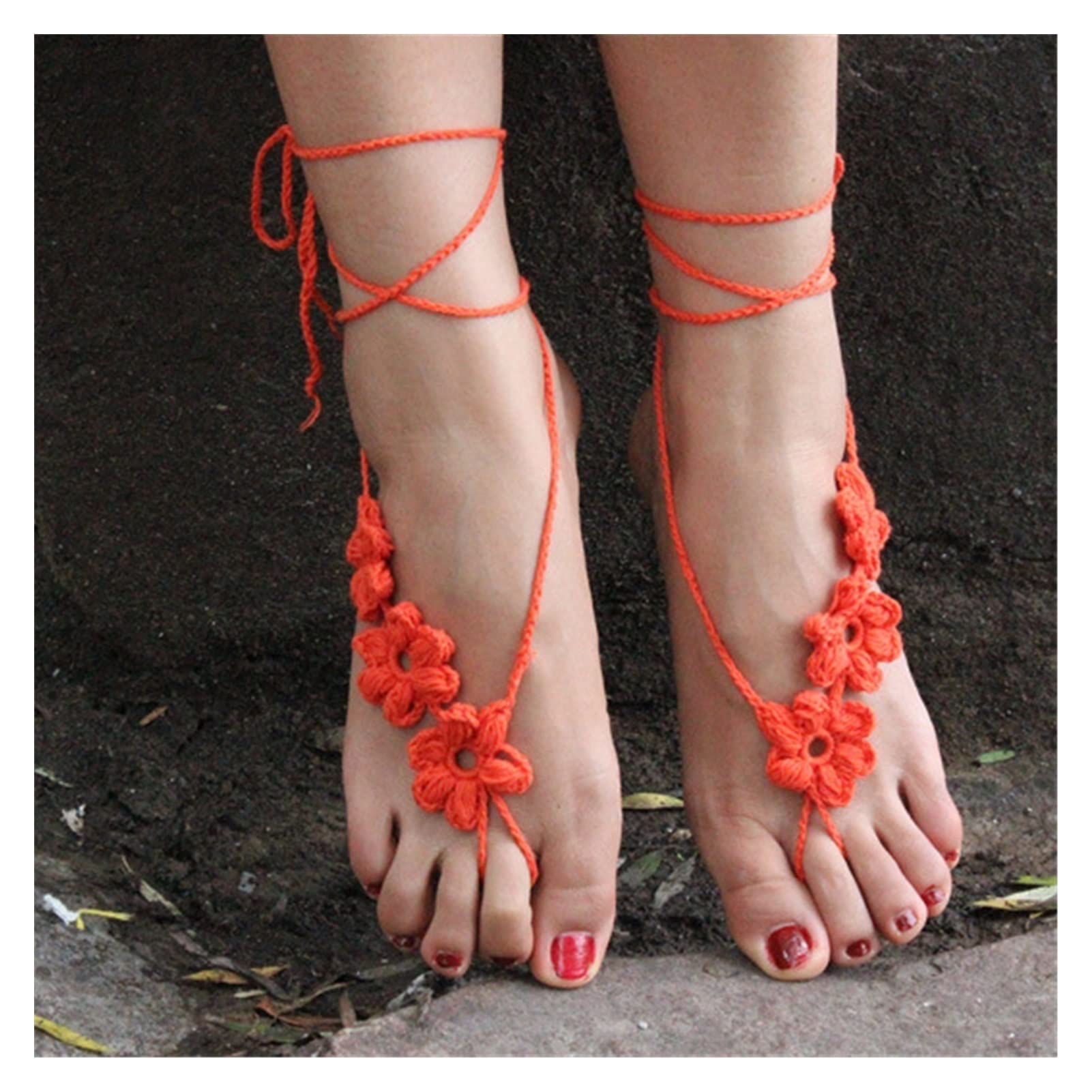 Fußkettchen/Fußkettchen aus Baumwolle, handgehäkelt, Barfuß-Häkel-Fußkettchen – gehäkelte Barfuß-Sandalen, Fußkettchen (Farbe: Orange-Rot)