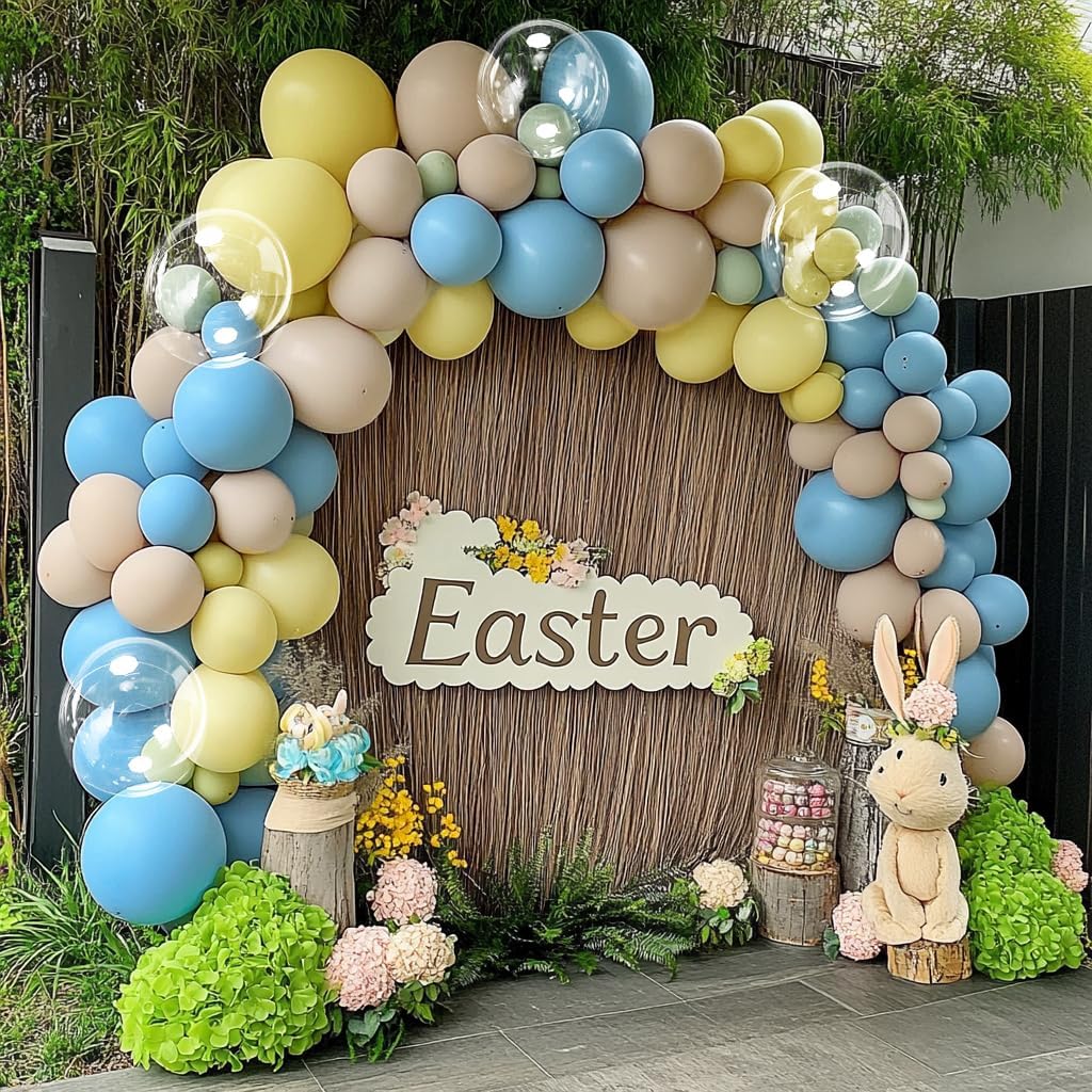 Yellow Blue White Balloon Garland Double Stuffed Pastel White Sand Different Sizes 18In 12In 5In Light Balloon Arch Kit For Baby Shower Gender Reveal Birthday Party Decorations