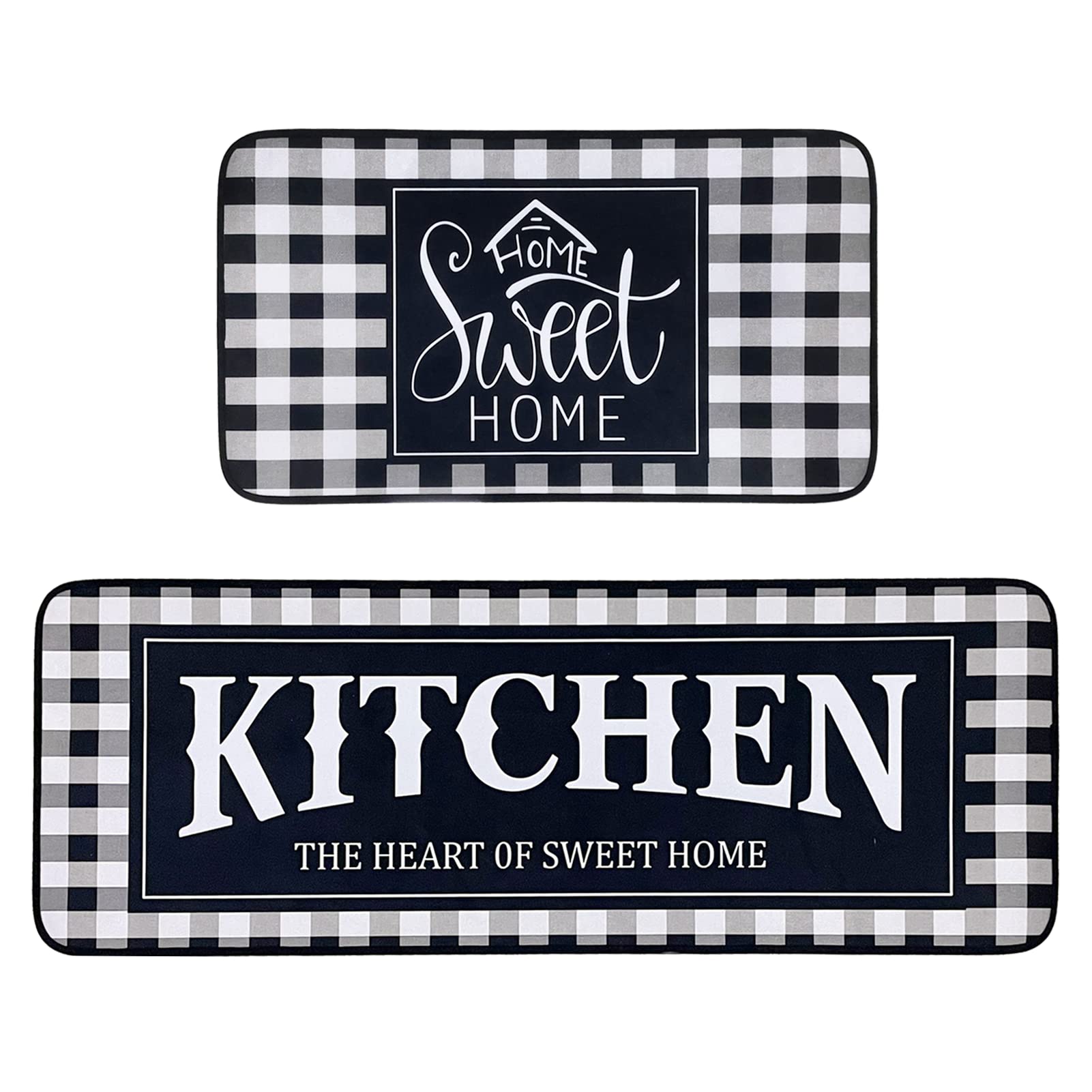 Voanos Kitchen Rugs,Non Skid Washable Microfiber mats for Kitchen Floor, Black and White Buffalo Plaid Kitchen Cushioned Runner Rug Decor Sets of 2,