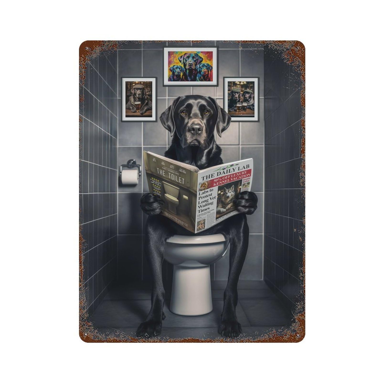 Rust Effect Funny Labrador on Toilet Rusty Metal Tin Sign 15.7"x11.8", Old School Wall Decor for Farmhouse, Kitchen And Entryway Decor