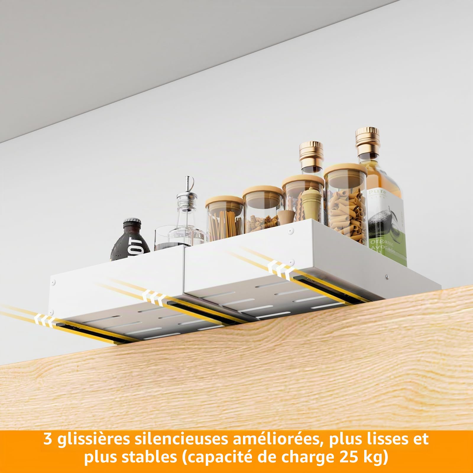 Tiroir Coulissant Cuisine 4 Directions Réglable Blanc 1 Pièce | Acier carbone | Extensible : largeur 29–48 cm, profondeur 41,5–55 cm | Charge 25 kg | Sans perçage ou vis | Rails amortis