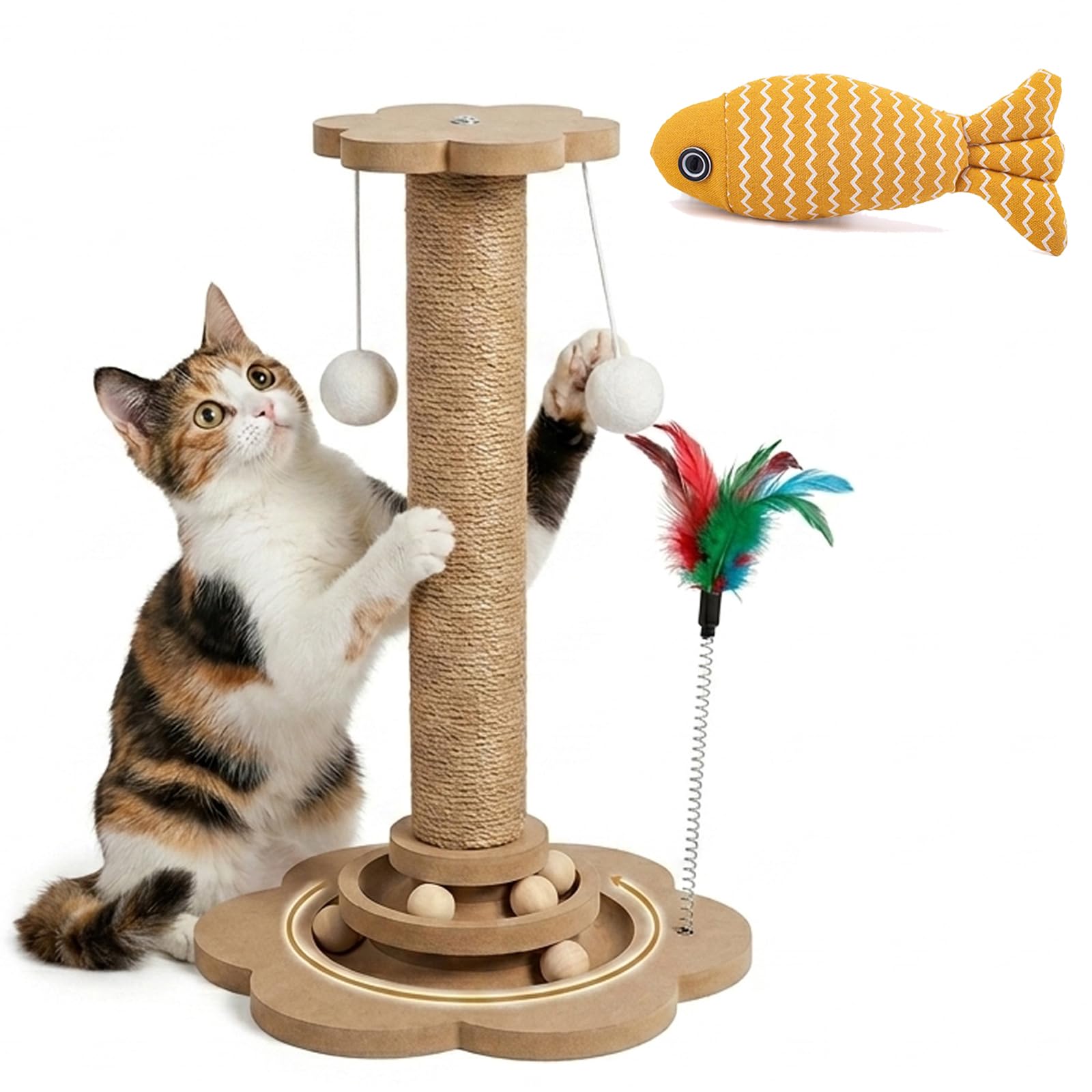 Arbre à Chat en Bois Massif, Jouet Interactif 4-en-1 pour Chaton, Griffoir en Sisal avec Circuit de Balles et Plume pour Chat d'Intérieur, Petit Tour à Griffonner Stable et Peu Encombrant (46cm)