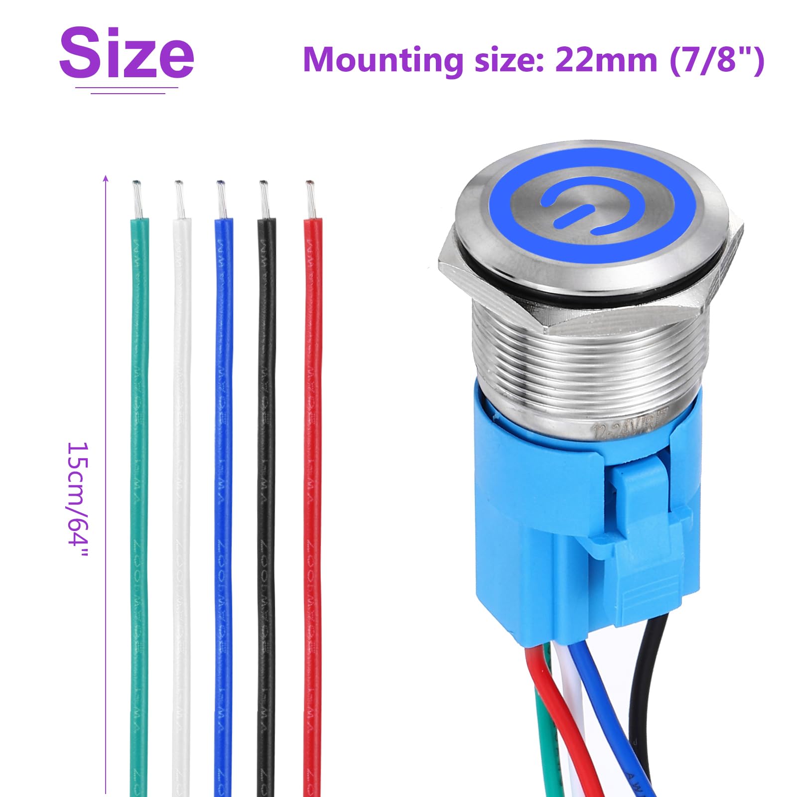 DMiotech 1 Pcs 7/8" Stainless steel Latching Push Button Switch 5Pin 1NO1NC 5A 12-24V Silver Flat Button Blue Button Lamp with Socket Plug with Wire for Car Boat Systems - Image 4