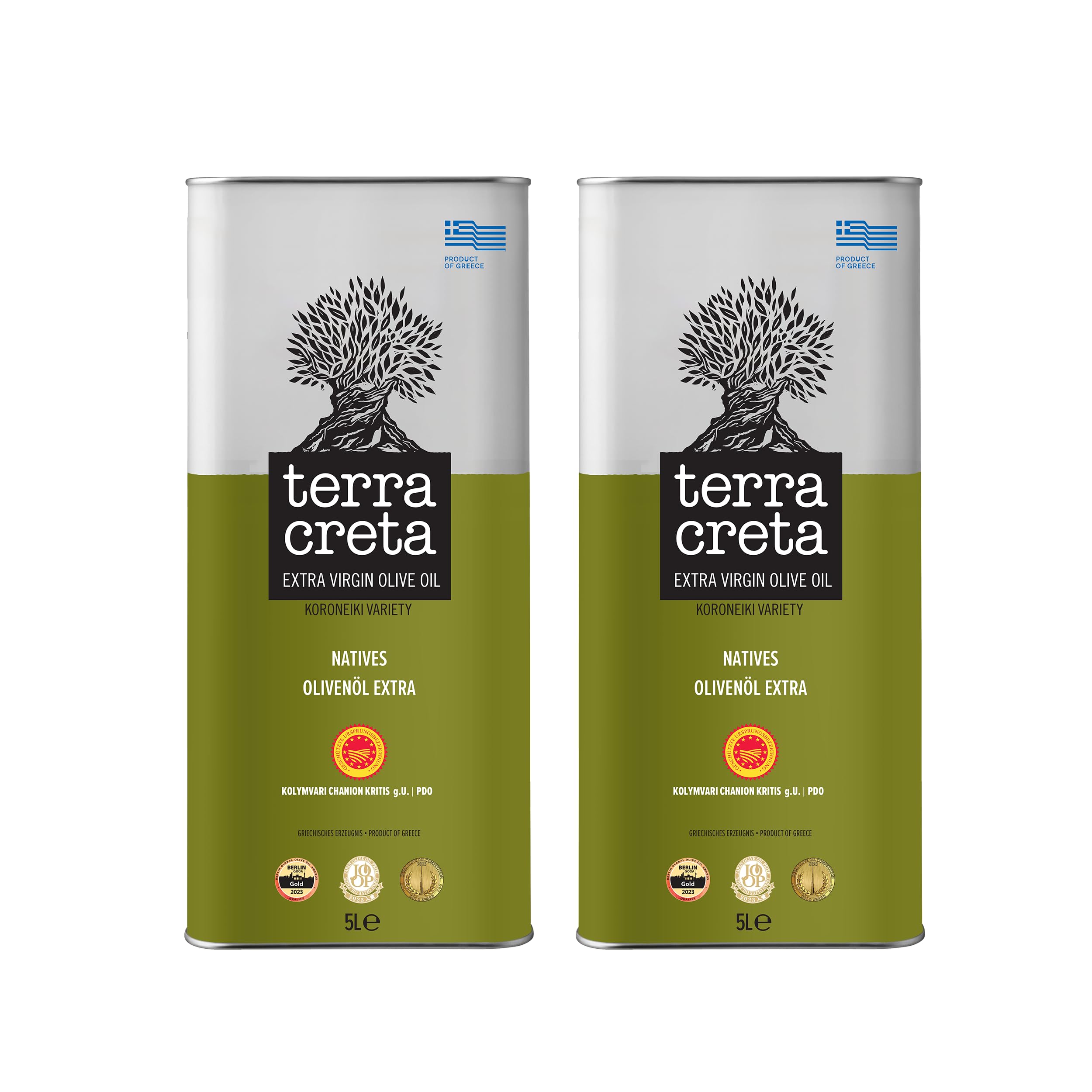 Terra Creta g.U. Extra natives Olivenöl aus Kreta - 2 x 5 Liter + EDESMA | Mit 50 ml EDESMA BIO Olivenöl extra nativ - Kaltgepresste Olivenöle mit fruchtigem Aroma der Koroneiki Oliven - 1. Güteklasse
