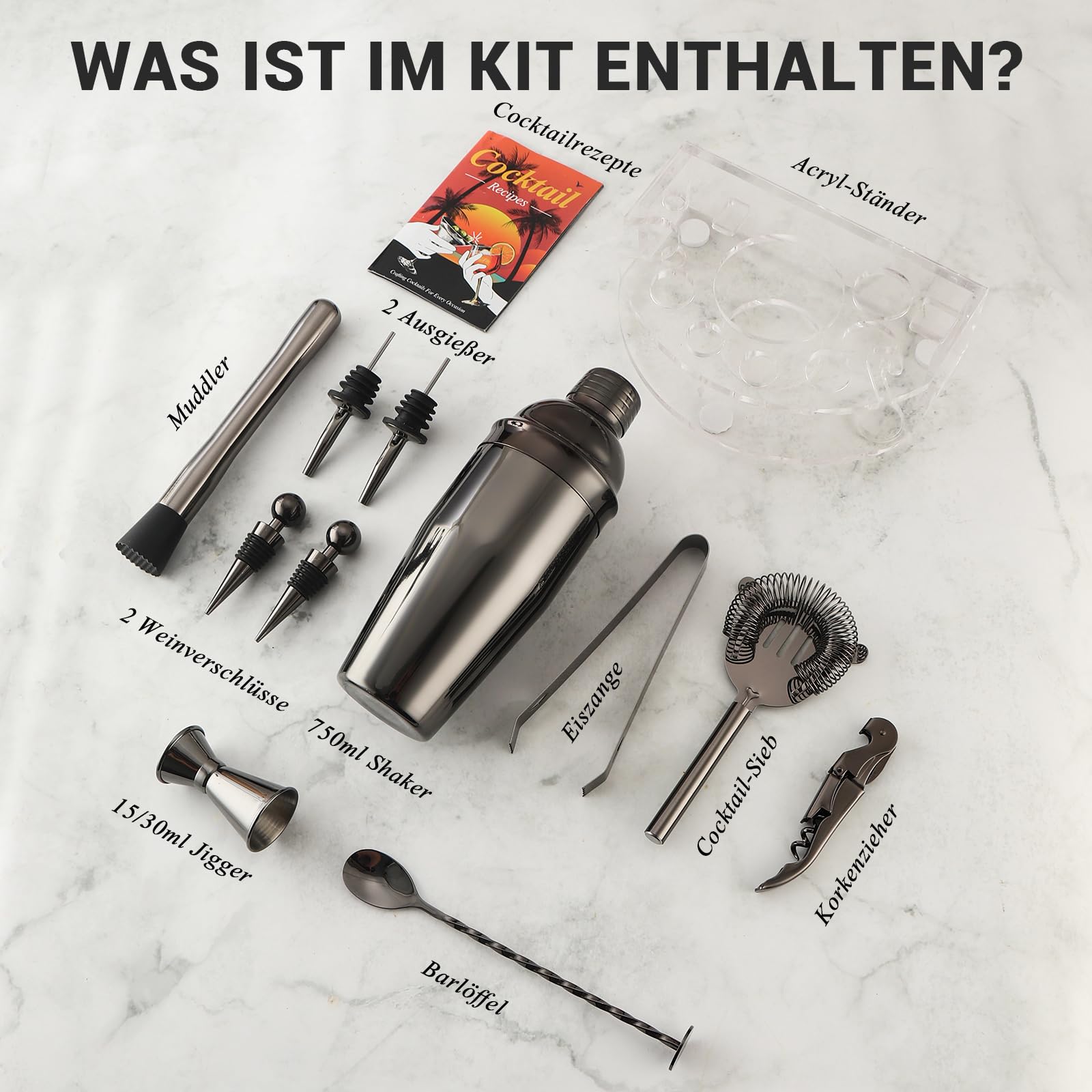Cocktail Shaker Set, Edelstahl Cocktail Set mit 12 teiligem Bar Zubehör, 750ML Shaker Barkeeper Set mit Ständer, Cocktail Maschine Bar Set für Zuhause, Geschenke für Männer Dad Barkeeper (Schwarz)