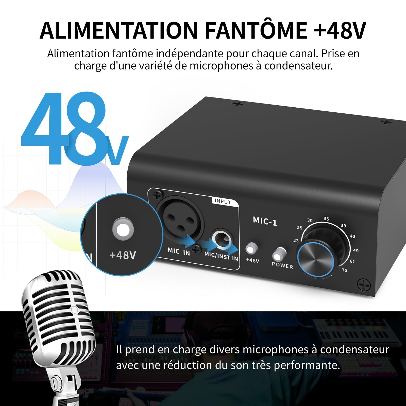 XTUGA XIC1 Préampli micro pour microphones dynamiques et à condensateur Booster avec 2 entrées Max 75db Gain 48V Phantom Power Sortie XLR