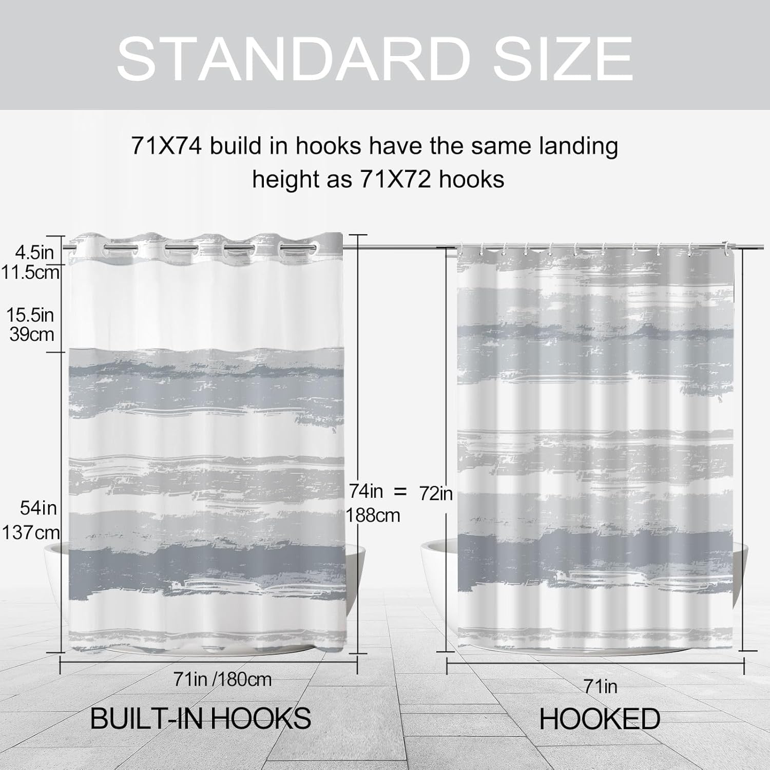No Hook Shower Curtain and Liner Set, Grey and White Striped Hotel Shower Curtains for Bathroom, Minimalist Waterproof Bathroom Curtain Sets with Snap in Liner Mesh Top Window, 71x74 Inch