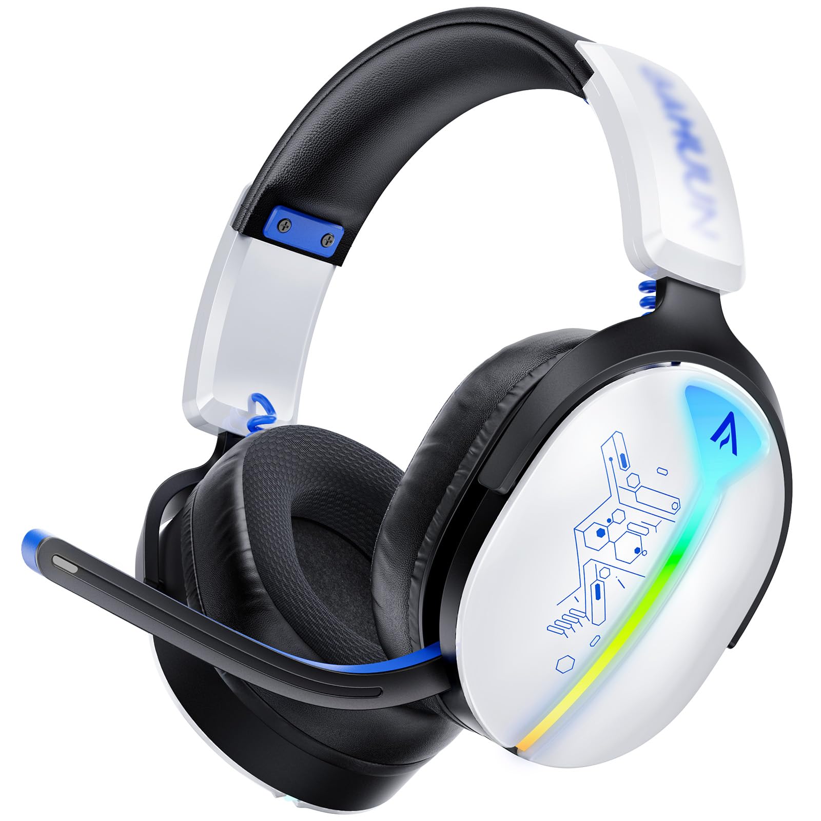 Gaming Headset Wireless, Headset mit Mikrofon für ps5 ps4, PC, Switch, Bluetooth 5.3, 7.1 Surround Sound, Extrem niedrige Latenz(<25ms), 40 Stunden, RGB Lichter, Weiß