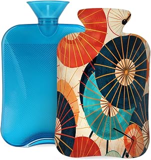 Japanese Traditional Paper Umbrella Hot Water Bottle with Cover, 2L PVC Hot Water Bag with Soft Cover, Reusable Heating Pad for Pain Relief Warm Hands Waist Abdomen Feet & Bed