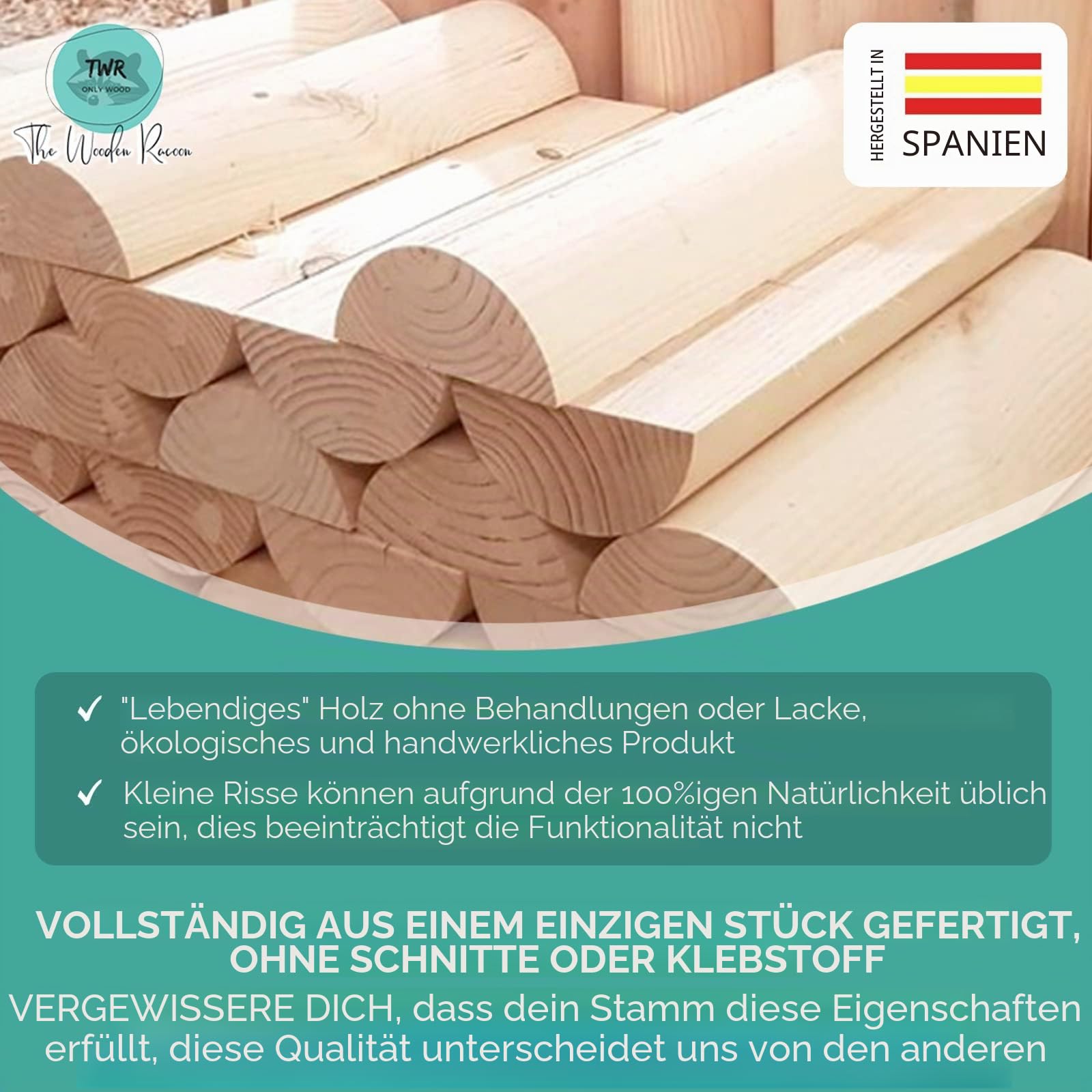 TWR ® - Propriozeptiver Stamm aus Holz mit Offiziellen Maßen (49,5 cm x 17 cm x 7,5 cm), hergestellt IN-House in Spanien. Beckenbodentrainer - Holzrolle - Propriozeptionsstamm - 5P Stamm