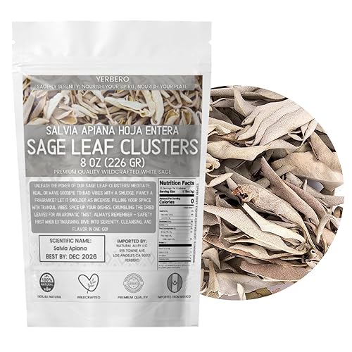 Yerbero - Clúster de salvia blanca premium 8oz (226g) Hoja De Salvia Blanca Entera Salvia officinalis Santificación, Purificación, Metafísica,