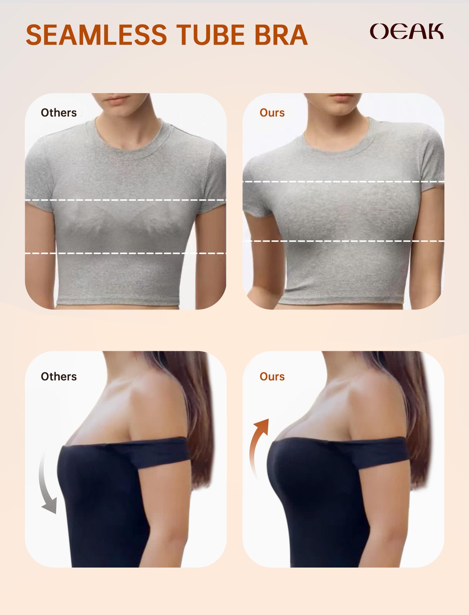 OEAK Reggiseni da donna senza spalline con ferretto multiway antiscivolo a tubo top push up bralette senza cuciture imbottito reggiseno a fascia, nero, (44) C