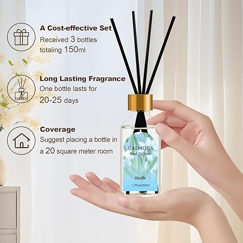 Miniatura 6 de CALMORA Difusor de varillas para baño y dormitorio, paquete de 3 unidades de 1.7 fl oz (1.76 onzas líquidas) de aceite perfumado cítricolinovainilla