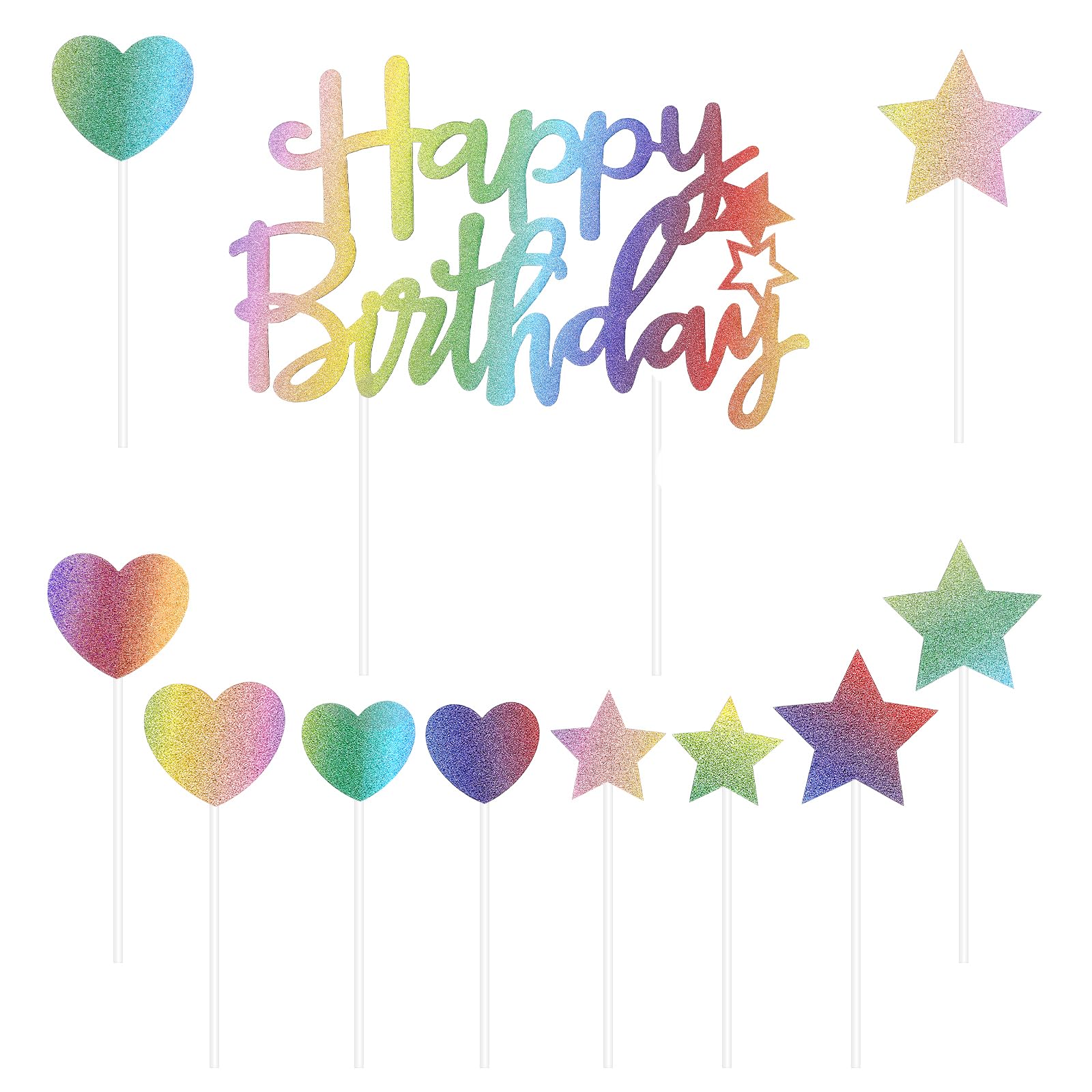11 Pcs Glitter Flash Happy Birthday Cake Decoration - Star, Heart, Cupcake Toppers for Birthday, Anniversary, Baby Shower