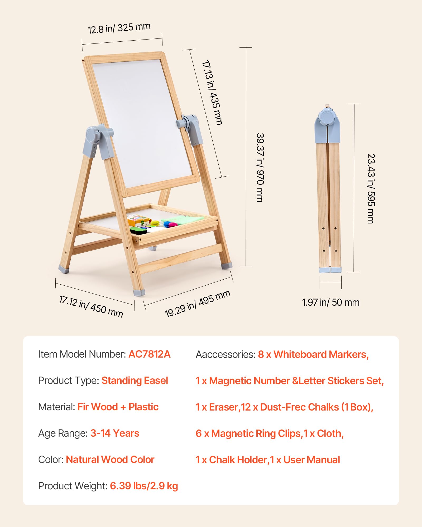 VEVOR 2 en 1 Caballete para Niños, Caballete de Madera de Doble Cara con Pizarra Magnética y Pizarrón, Tablero de Dibujo Plegable Giratorio de Pie Ajustable con Accesorios de Pntura para Niños
