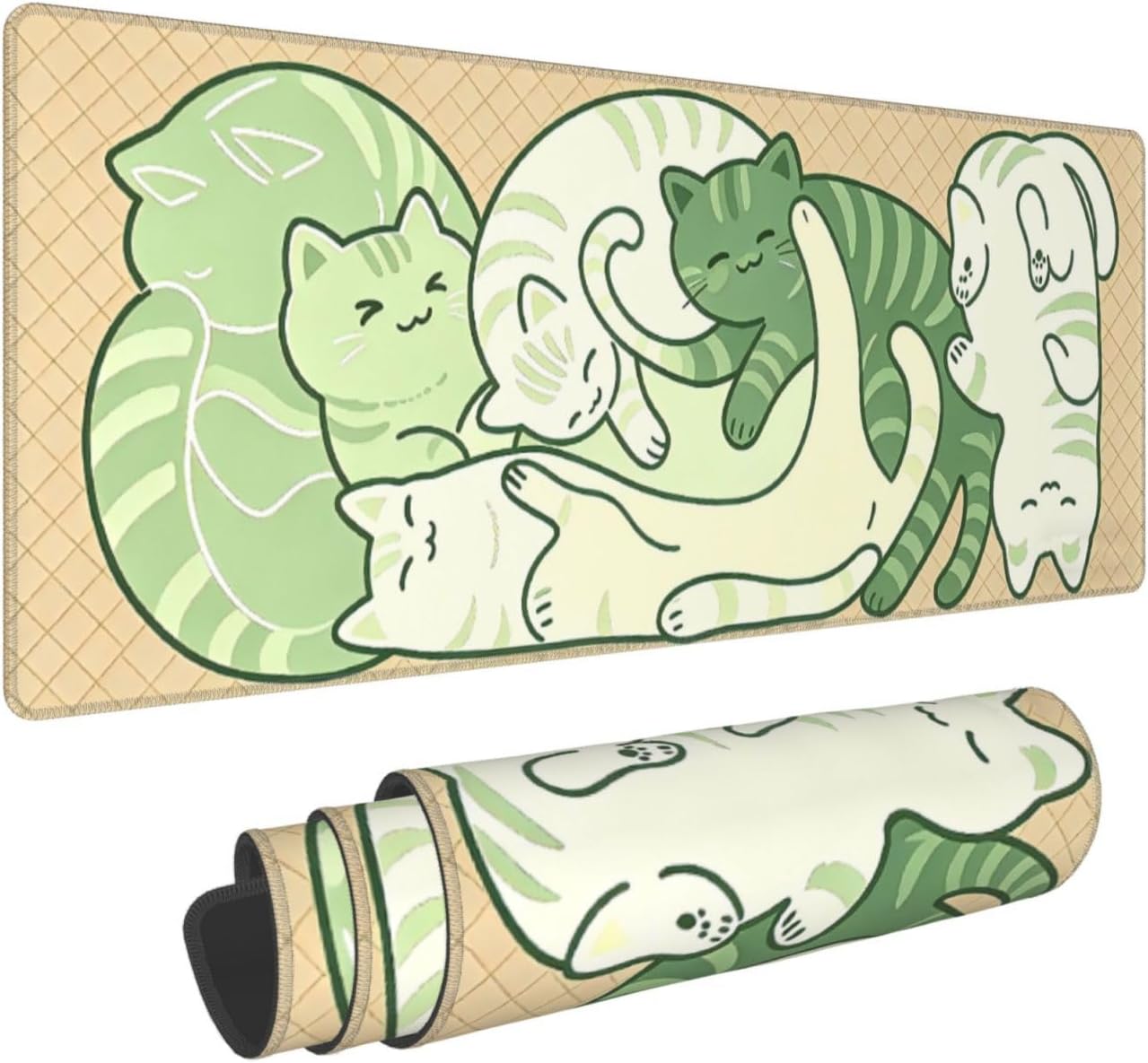 Large Gaming Mousepad, Green Cat XL Mouse Pad with Stitched, Full Long Waterproof Non-Slip Base Keyboard Pad, PC Laptop Computer Mat for Men Office Decor, 31.5 * 11.8 in