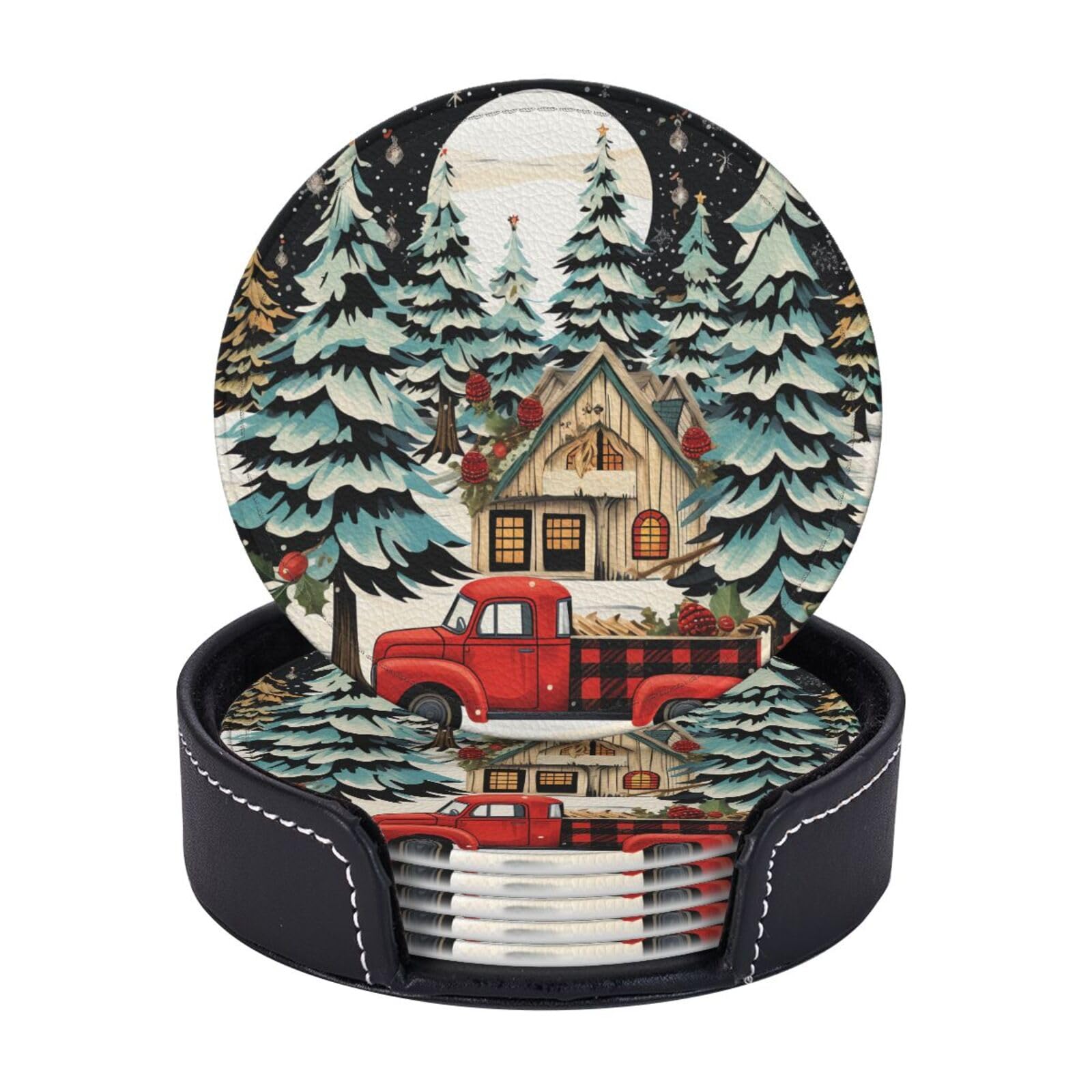 6PCS Drink Coasters with Holder, 4" Leather Coasters for Drinks, Farmhouse Christmas Cup Coasters for Coffee Table Decor, Non-Slip Drinking Cup Mat for Hot or Cold Drink