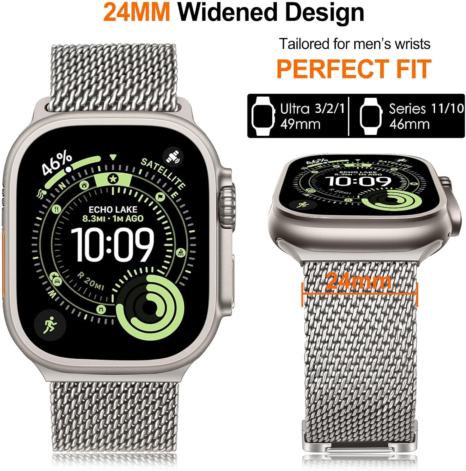 Dhwazz Milanese Loop Band for Apple Watch Ultra 3 2 1 49mm / Series 11 10 9 8 7 6 5 4 46mm 45mm 44mm / SE 3 2 1 Men Women, Parachute-Style Buckle Stainless Steel Mesh Metal Strap Titanium for iWatch - Image 4