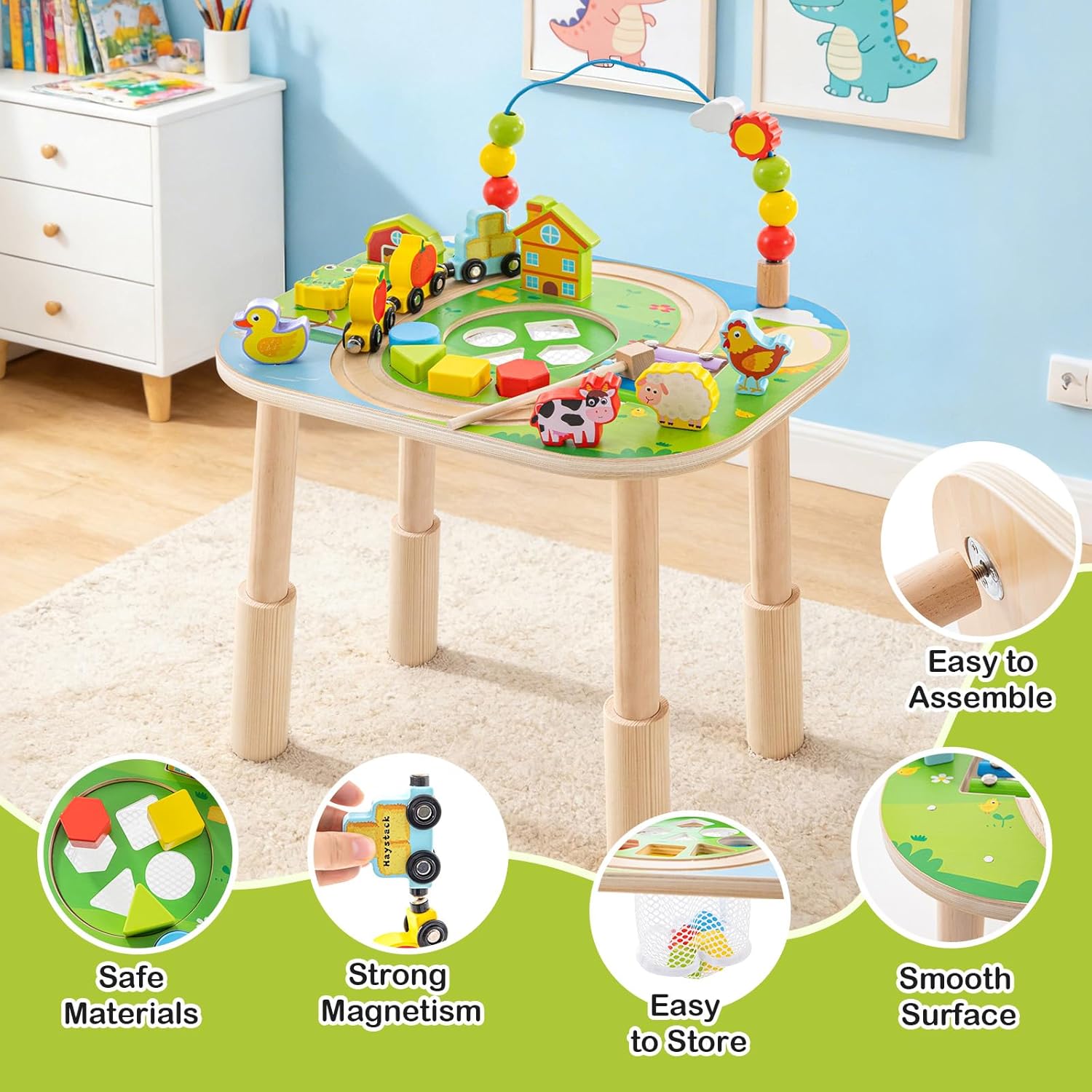 Activity Table for 1 Year Old with Two Height Levels,Wooden Sensory Play Table for Toddlers 1-3,8 in 1 Montessori Learning Toy with Bead Maze, Shape Sorter & Train,Gift for Baby Boys Girls (Farm)