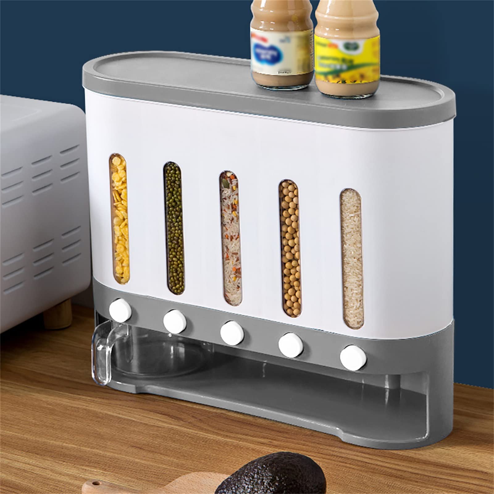 Dispensador de alimentos secos de 5 rejillas, 10 L, montado en la pared, dispensador de alimentos secos, contenedor de almacenamiento de alimentos secos para el hogar y la cocina