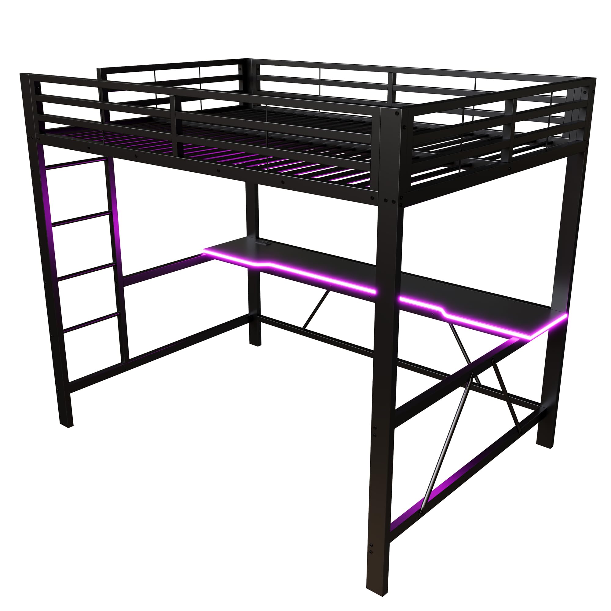 Letto a castello da gaming in metallo 140x200cm con striscia LED .Letto a soppalco con stazione di ricarica USB e scrivania,letto matrimoniale nero(Senza Materasso)