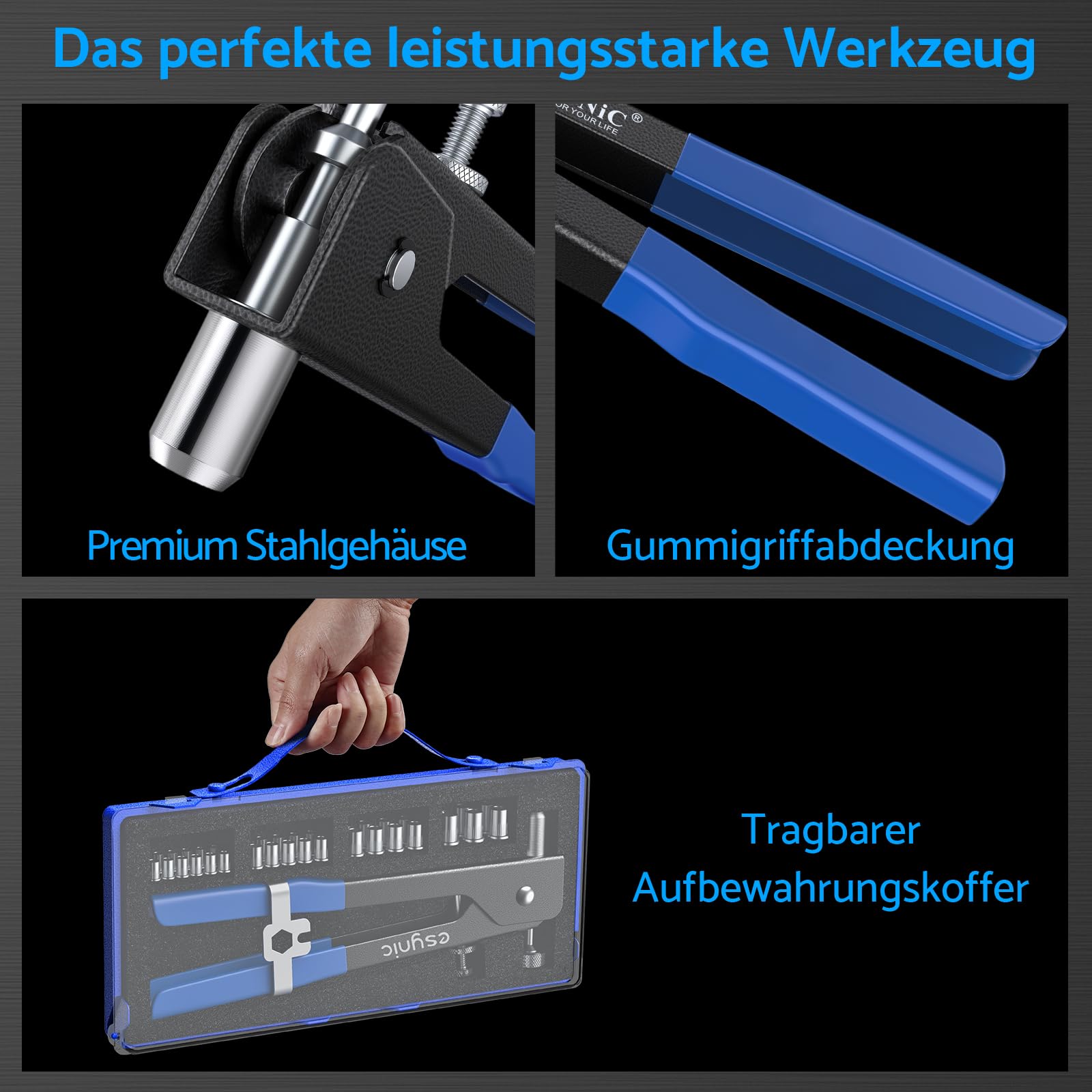 eSynic Nietzange Set 86 Stück Nietmutternzange Set Gewindenietzange Nietpistolen Werkzeug Gewinde Blindnietzange Popnietenzange Einnietmutternzange M3 M4 M5 M6 M8 Dorne und 80pcs Blindnietmuttern