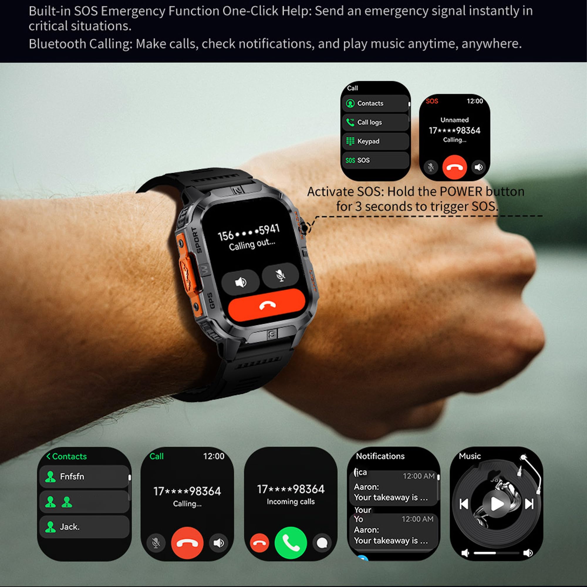 Montre Connectée Homme, 2,01" AMOLED GPS Smart Watch Femme avec Appel Bluetooth 5,2/Numérotation, Smartwatch Compatible Android iOS Podometre Partagé Montre 123 Sports Cardiofrequencemetre (Noir)