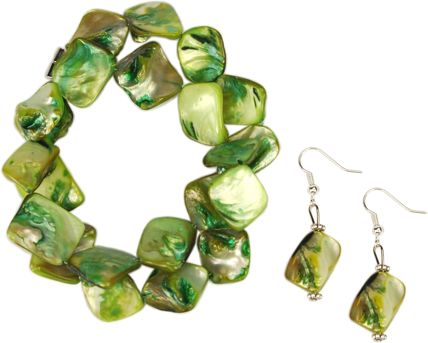 Bracelet, Mother of Pearl (dyed) Plus Size Olive Green Shell Bracelet + EARRINGS + GIFT BAG