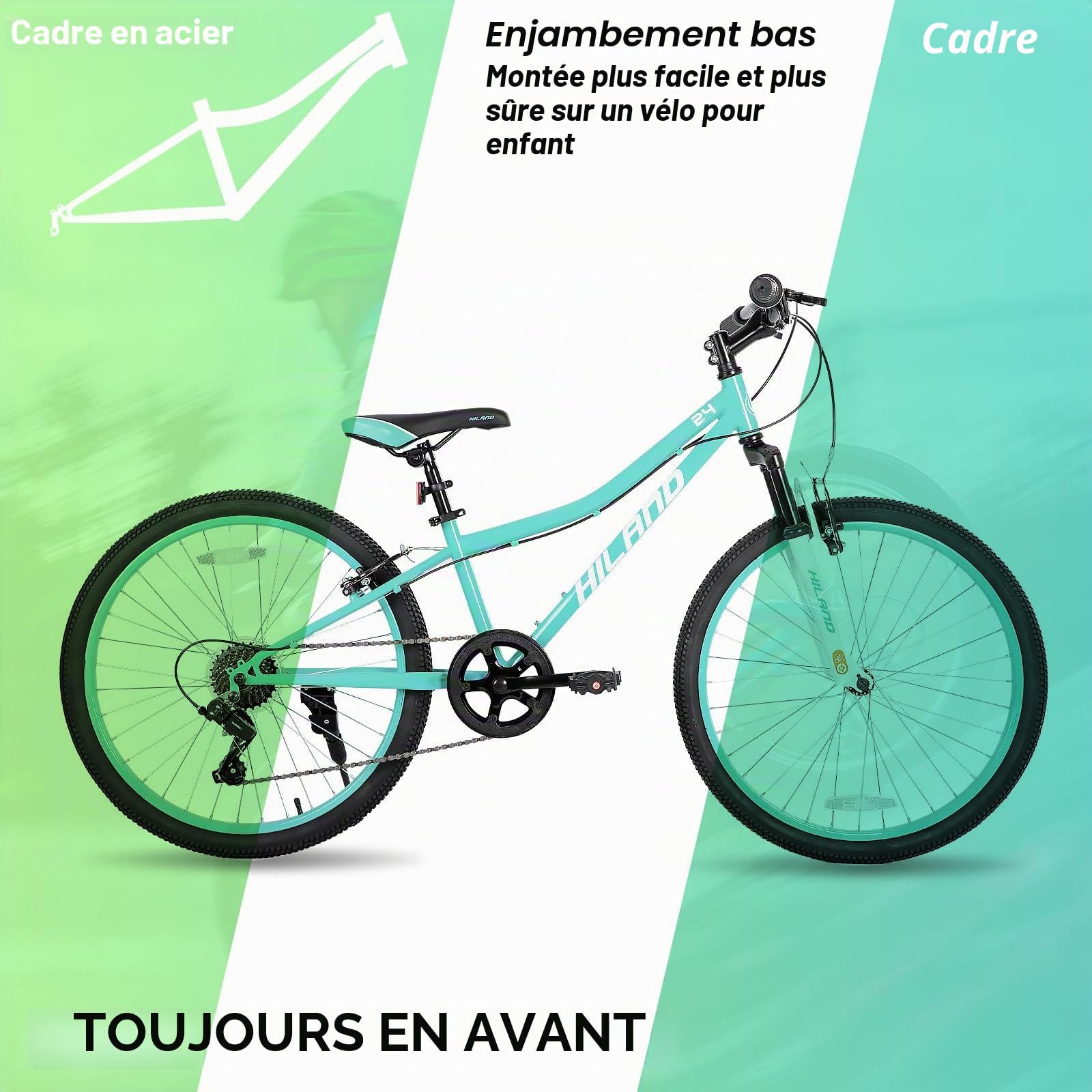 Hiland Climber Vélo pour Enfant 24 Pouces, 7 Vitesses, Frein en V, vélo de Montagne pour Enfants et Jeunes avec Fourche de Suspension，Rose/Vert/Bleu/Noir