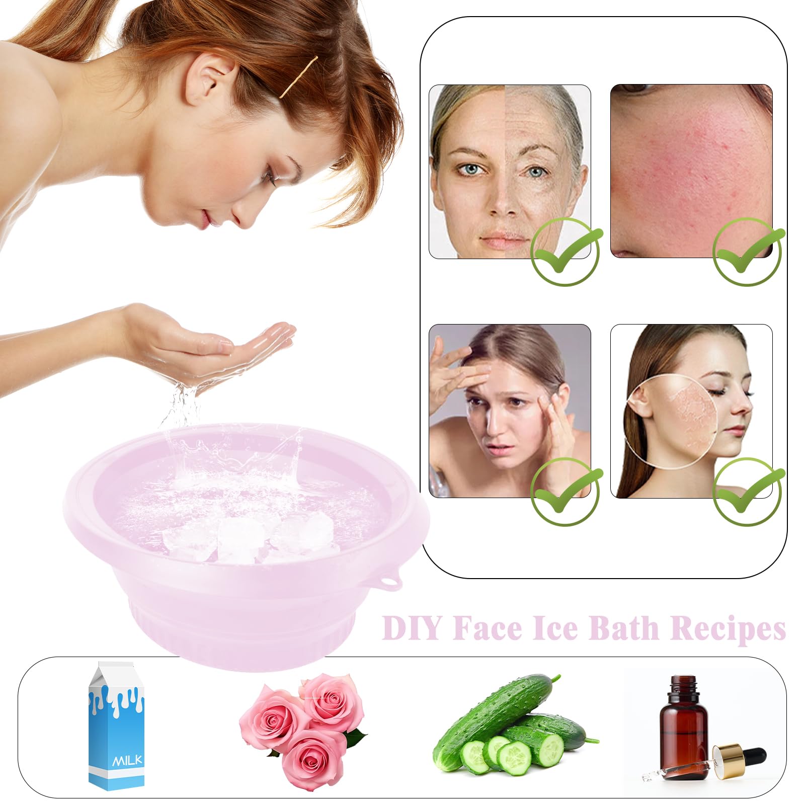 Cuenco grande de silicona para baño de hielo facial con icetray integrado, diseño plegable y colgante para un fácil almacenamiento y transporte, baño de hielo facial en casa y viajes (morado)