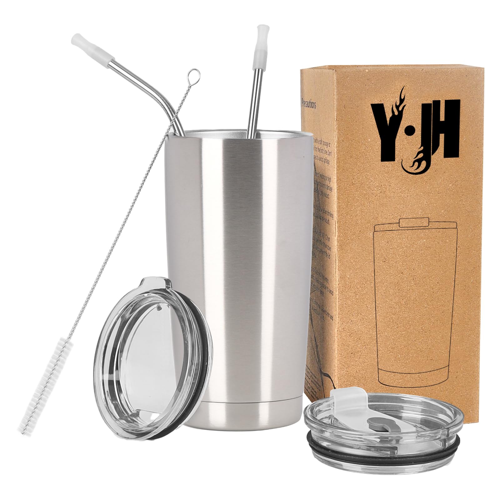 Y·J&H Doppelwandig Vakuum Isolierter Autobecher, Edelstahl Reiseflasche, Thermobecher Kaffee to Go mit 2 Spritzfestem Deckel 2 Strohhalm, Rohrbürste,BPA Free