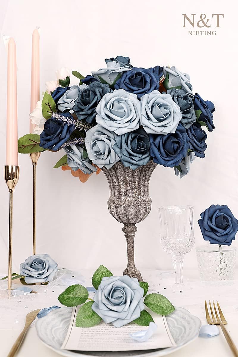 N&T NIETING Fake Roses,25pcs Artificial Flowers Dusty Blue Fake Roses Faux Flowers Fake Flowers for DIY Wedding Bouquets Centerpieces Floral Arrangements Home Decorations Shades of Navy Blue - Image 9